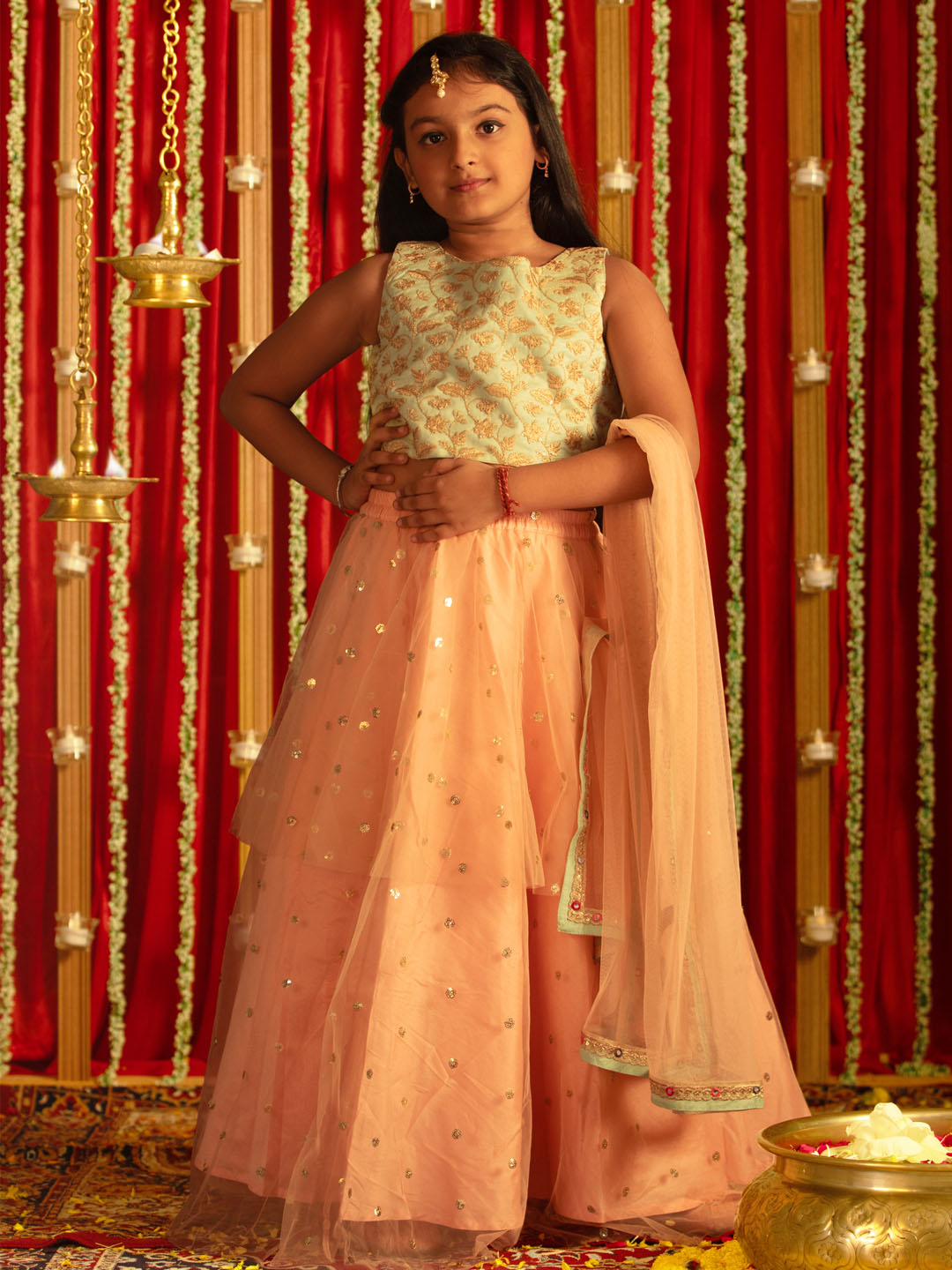 VASTRAMAY Girls' Mint Green Zari Embroidery Worked Crop Top And Net Lehenga Set - qivii