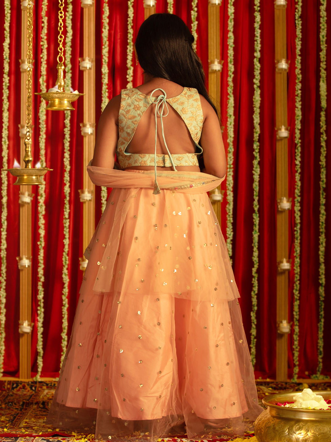 VASTRAMAY Girls' Mint Green Zari Embroidery Worked Crop Top And Net Lehenga Set - qivii