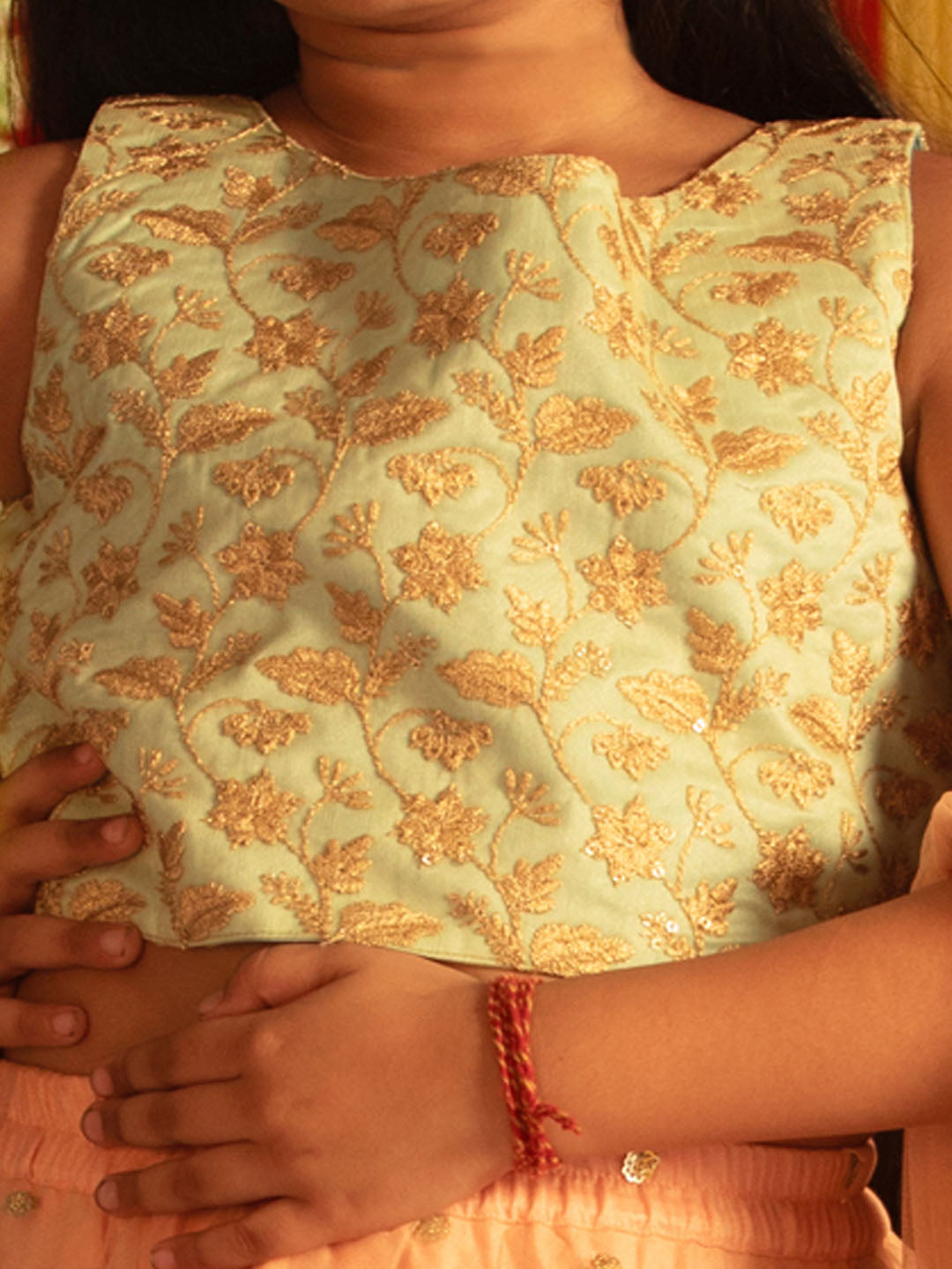 VASTRAMAY Girls' Mint Green Zari Embroidery Worked Crop Top And Net Lehenga Set - qivii