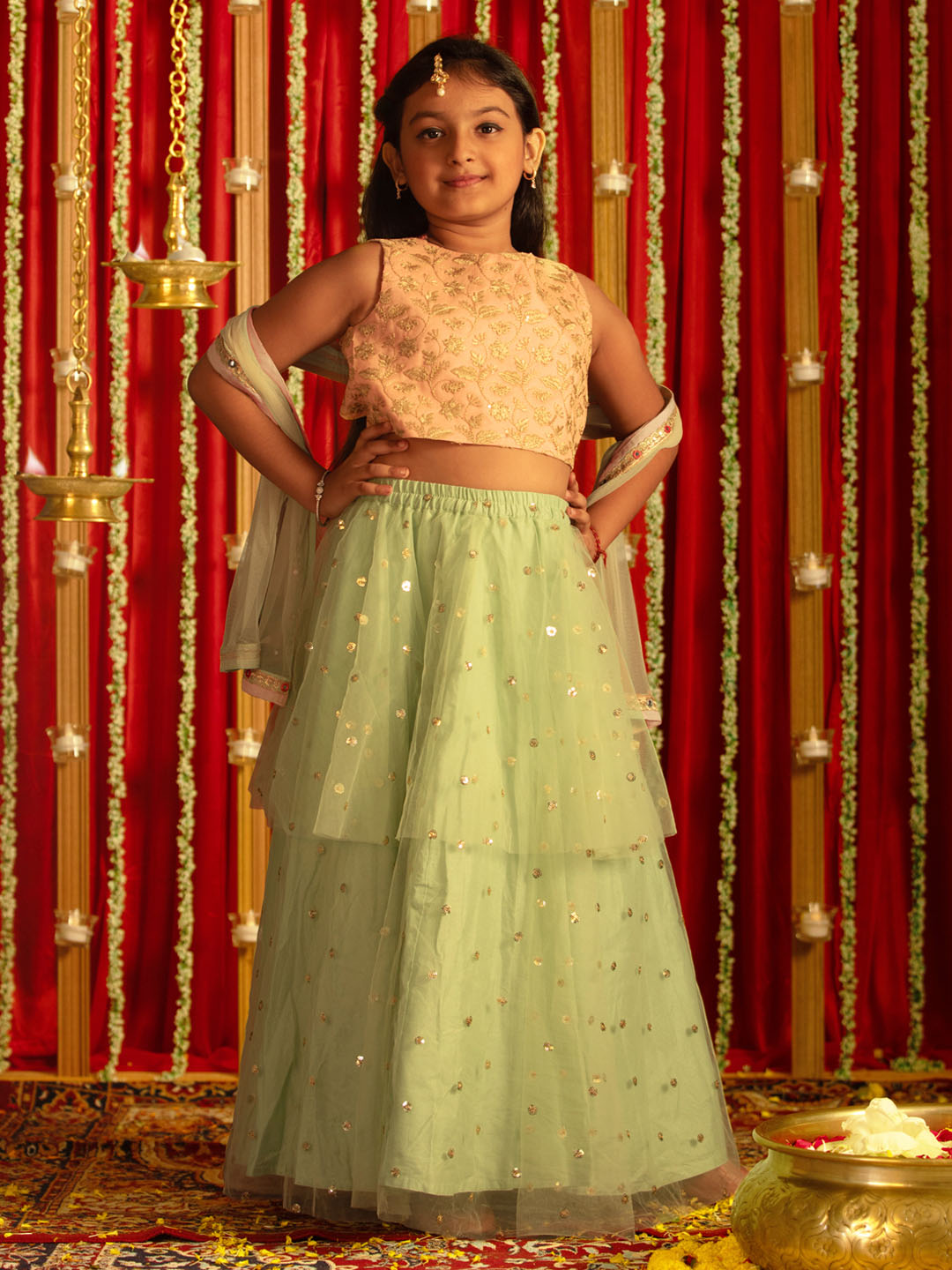 VASTRAMAY Girls' Pink Zari Embroidery Worked Crop Top And Net Lehenga Set - qivii