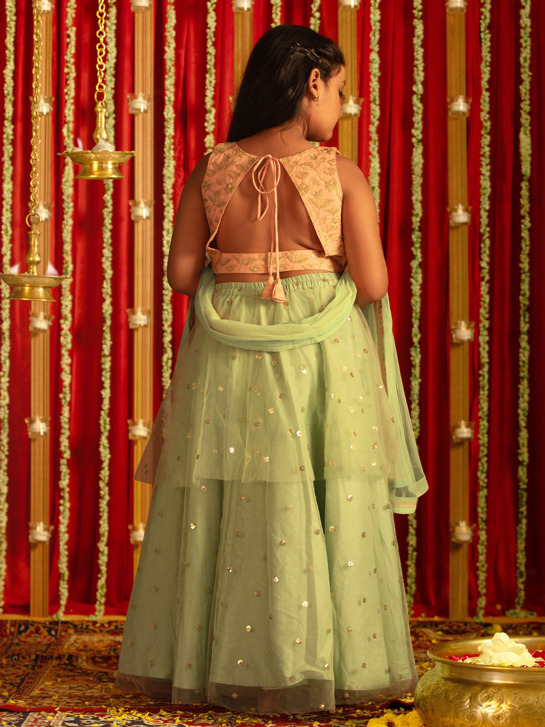 VASTRAMAY Girls' Pink Zari Embroidery Worked Crop Top And Net Lehenga Set - qivii