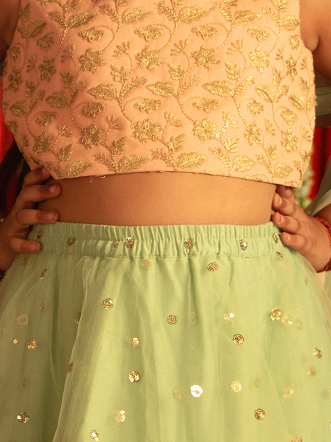 VASTRAMAY Girls' Pink Zari Embroidery Worked Crop Top And Net Lehenga Set - qivii