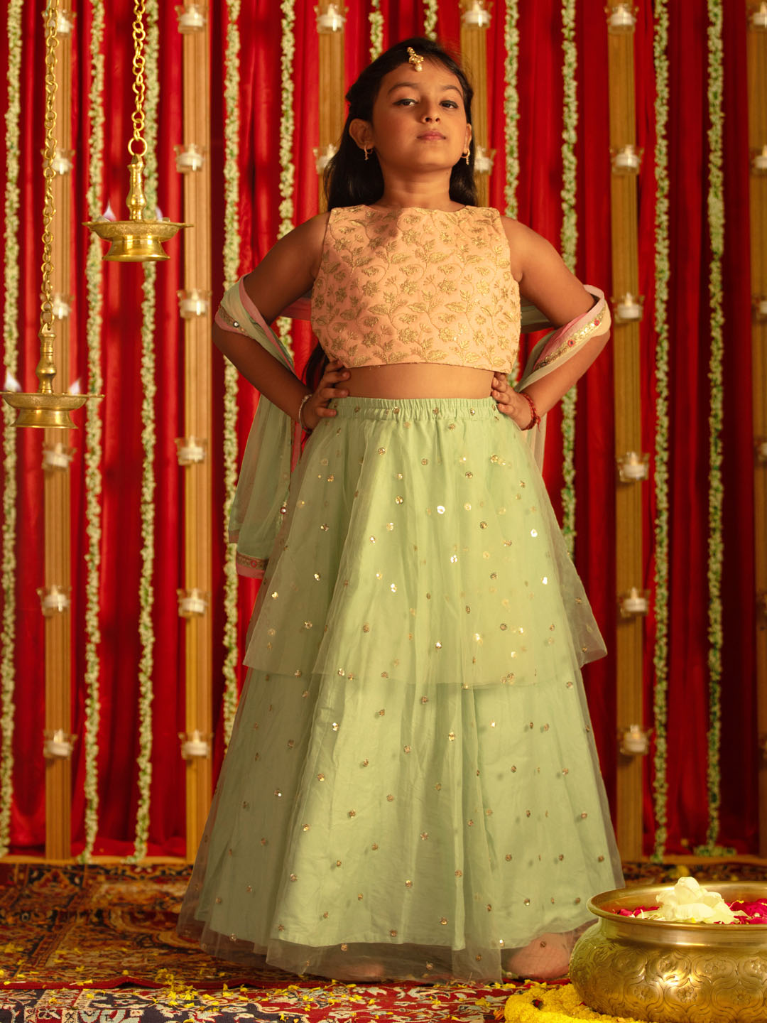 VASTRAMAY Girls' Pink Zari Embroidery Worked Crop Top And Net Lehenga Set - qivii