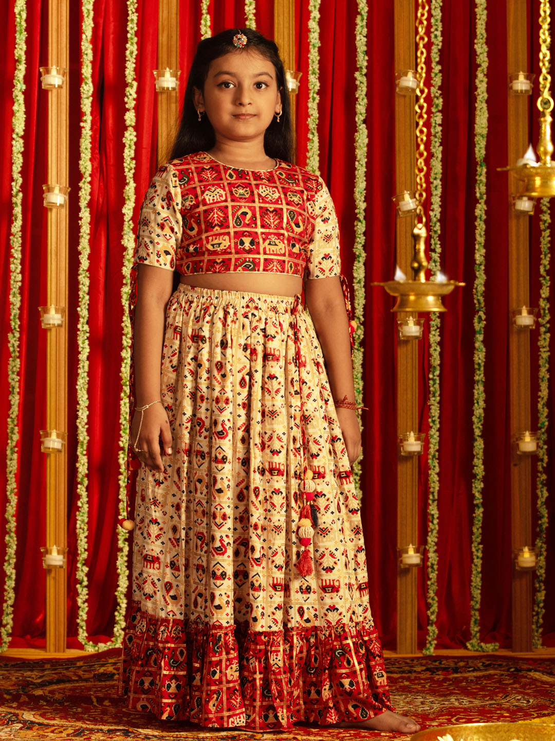 VASTRAMAY Girls' Red And Cream Patola Print Lehenga Set - qivii