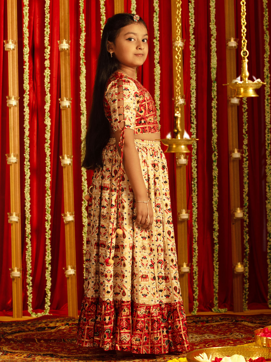 VASTRAMAY Girls' Red And Cream Patola Print Lehenga Set - qivii