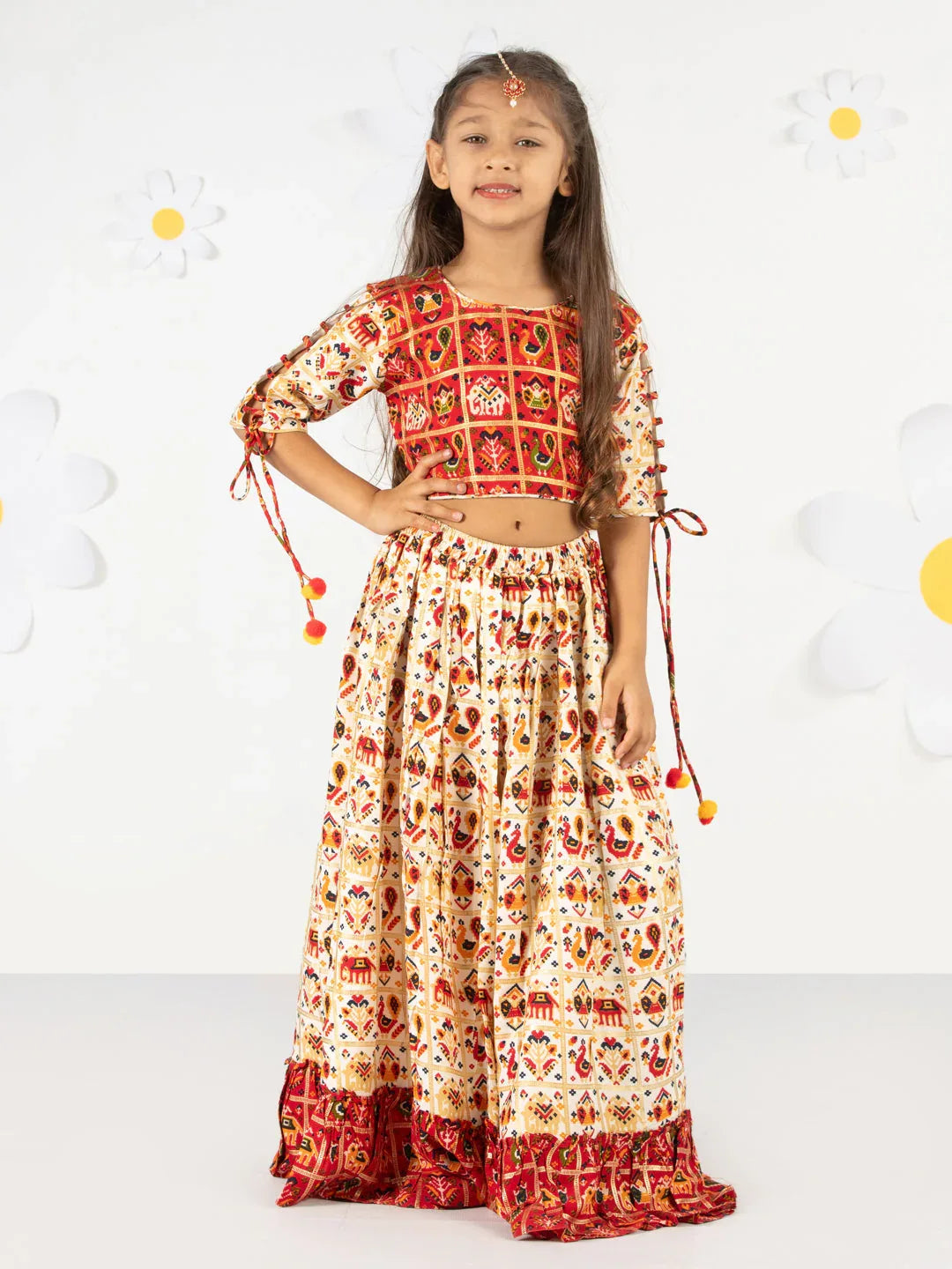 Girl's' Red And Cream Patola Print Lehenga Set