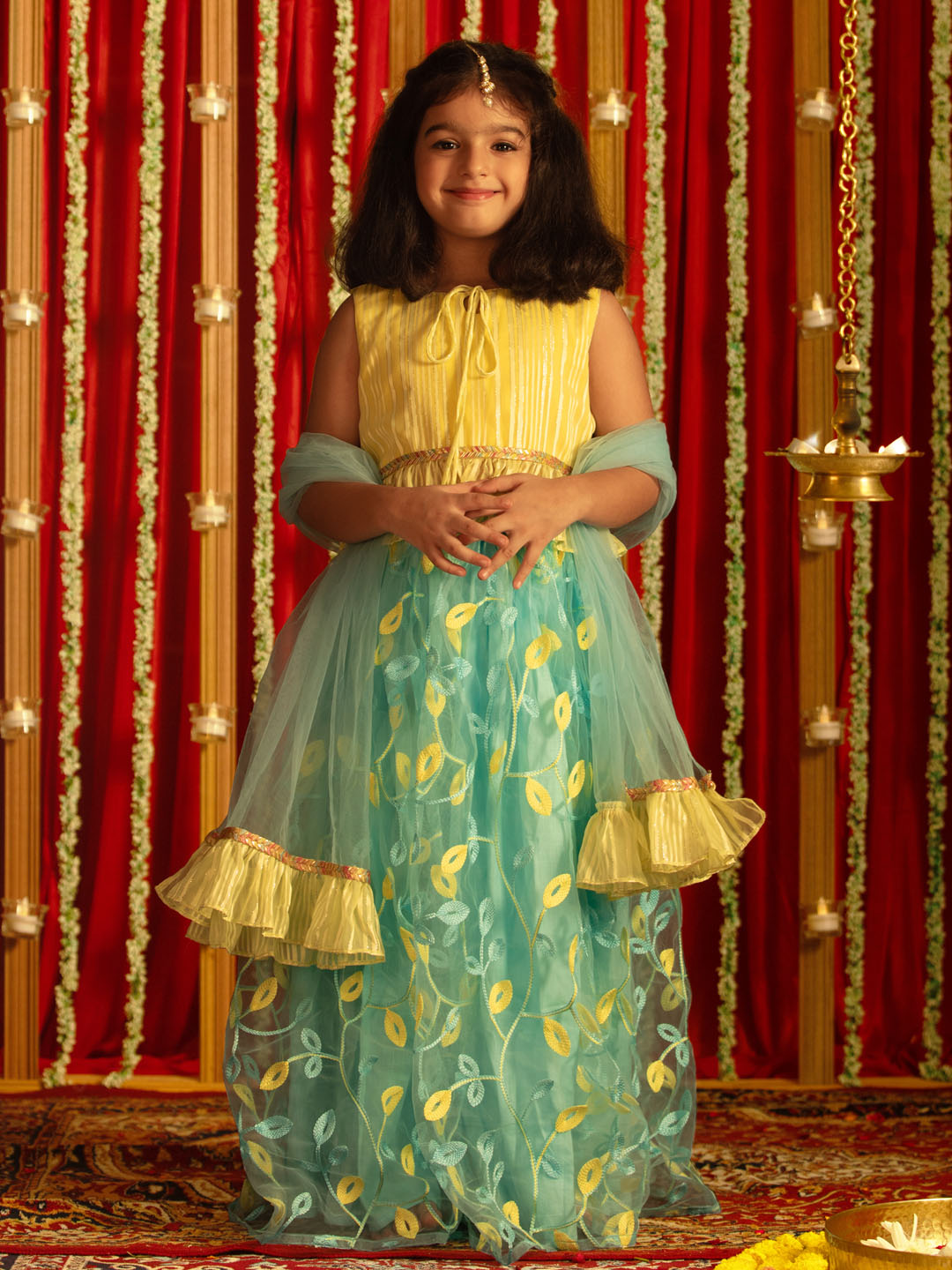 VASTRAMAY Girls' Yellow Crop Top And Aqua Lehenga With Ruffled Dupatta Set - qivii