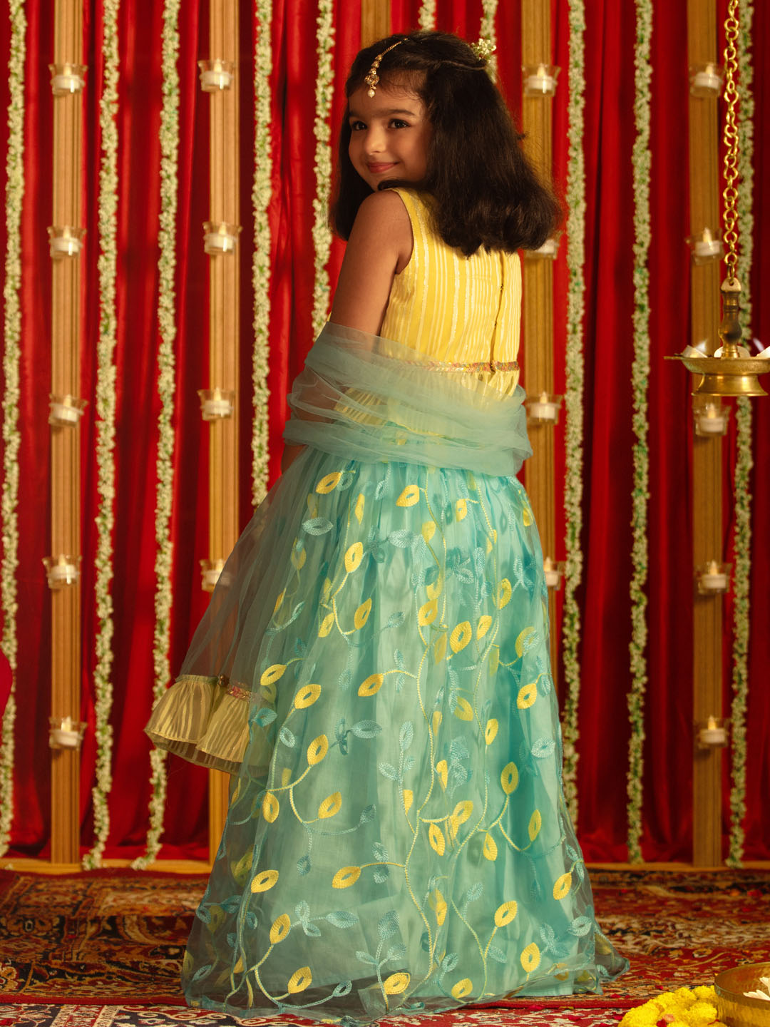 VASTRAMAY Girls' Yellow Crop Top And Aqua Lehenga With Ruffled Dupatta Set - qivii