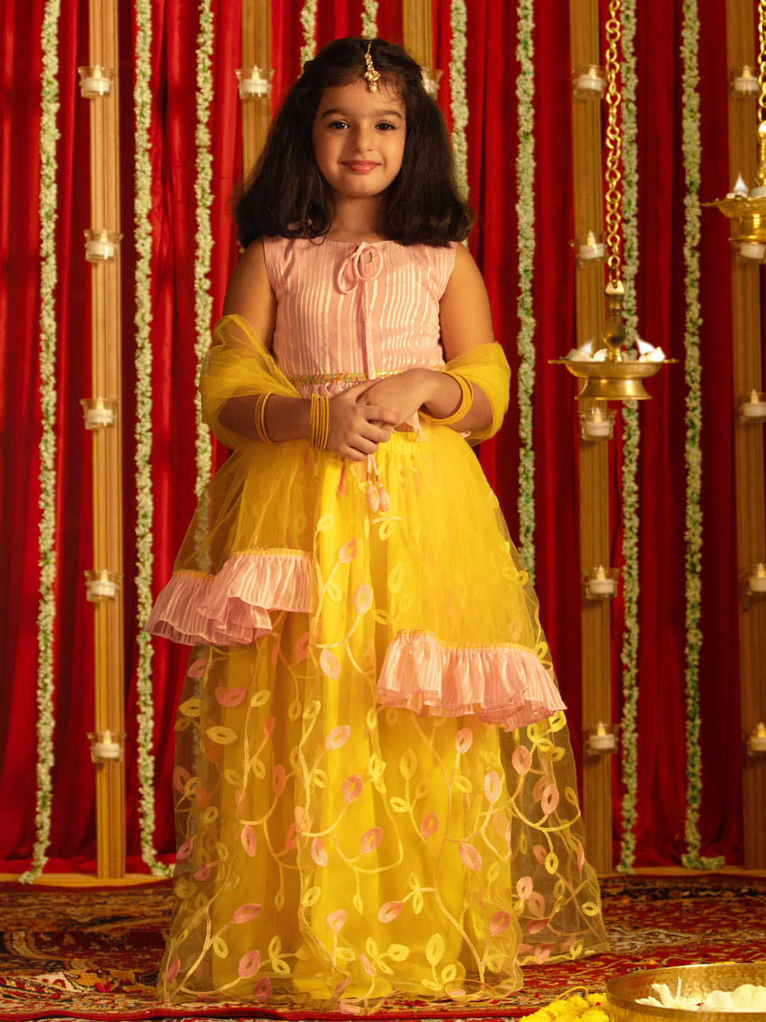 VASTRAMAY Girls' Pink Top And Yellow Lehenga With Ruffled Dupatta Set - qivii