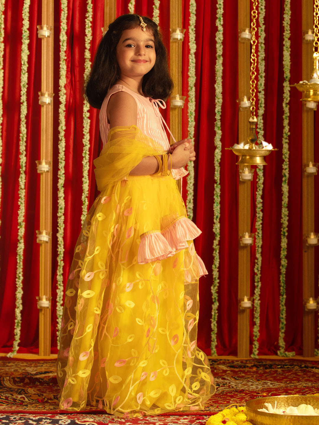VASTRAMAY Girls' Pink Top And Yellow Lehenga With Ruffled Dupatta Set - qivii