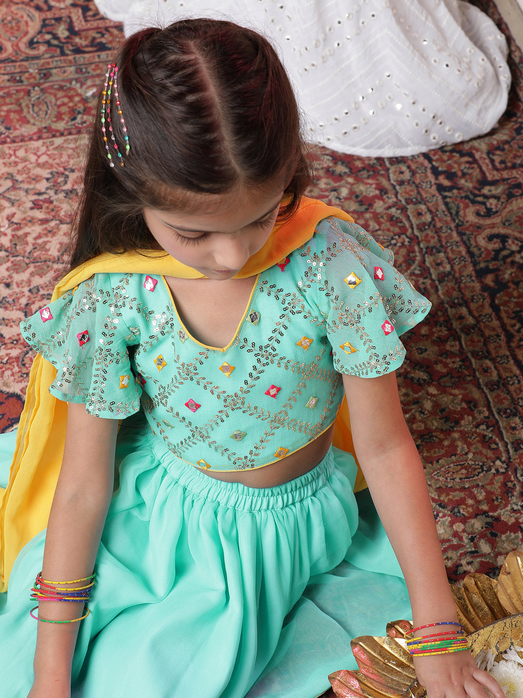 VASTRAMAY Girls' Aqua Georgette Lehenga Set - qivii