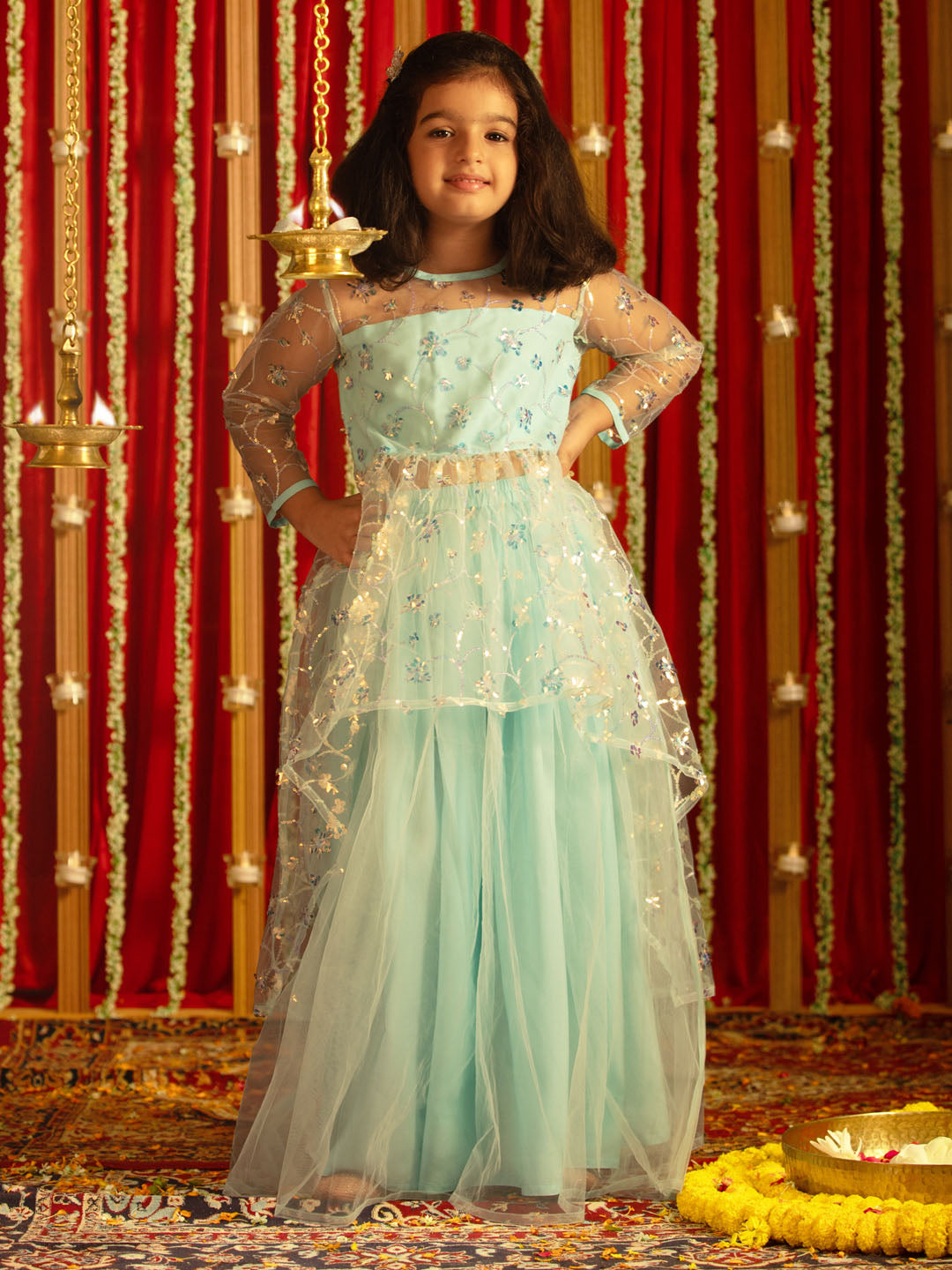 VASTRAMAY Girls' Aqua Embroidered Anarkali Kurta With Long Skirt Set - qivii