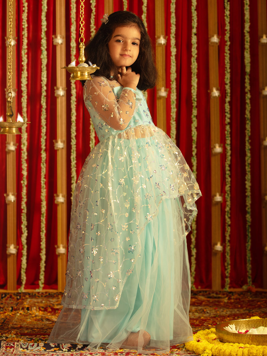 VASTRAMAY Girls' Aqua Embroidered Anarkali Kurta With Long Skirt Set - qivii