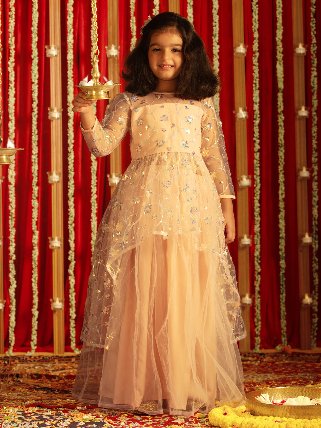 VASTRAMAY Girls' Peach Embroidered Anarkali Kurta With Long Skirt Set - qivii