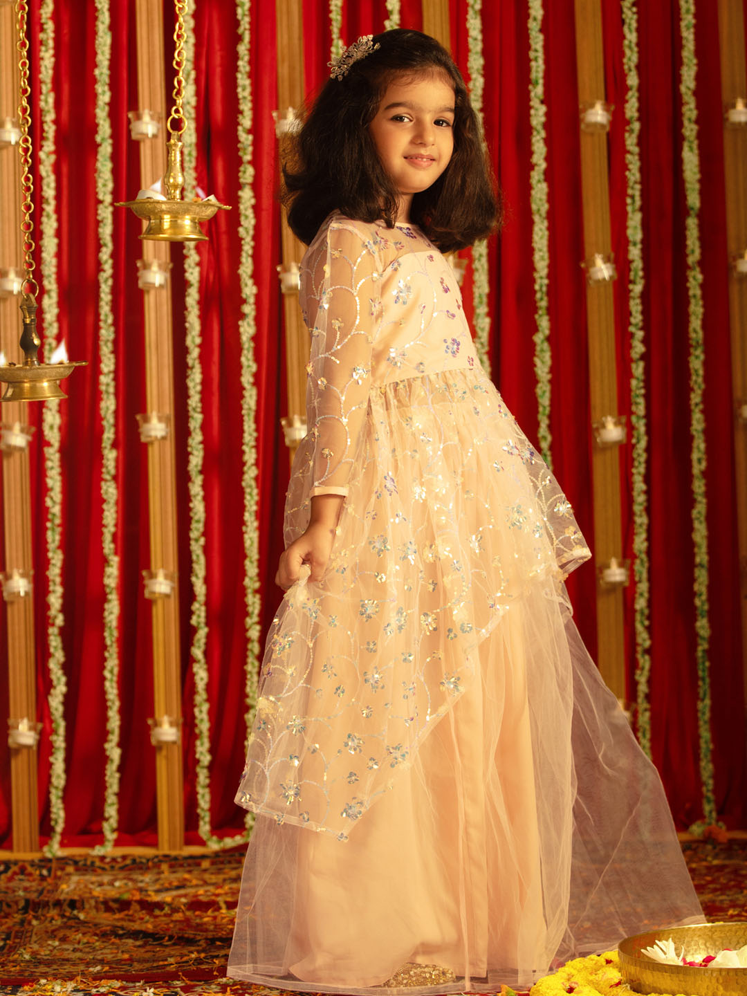 VASTRAMAY Girls' Peach Embroidered Anarkali Kurta With Long Skirt Set - qivii