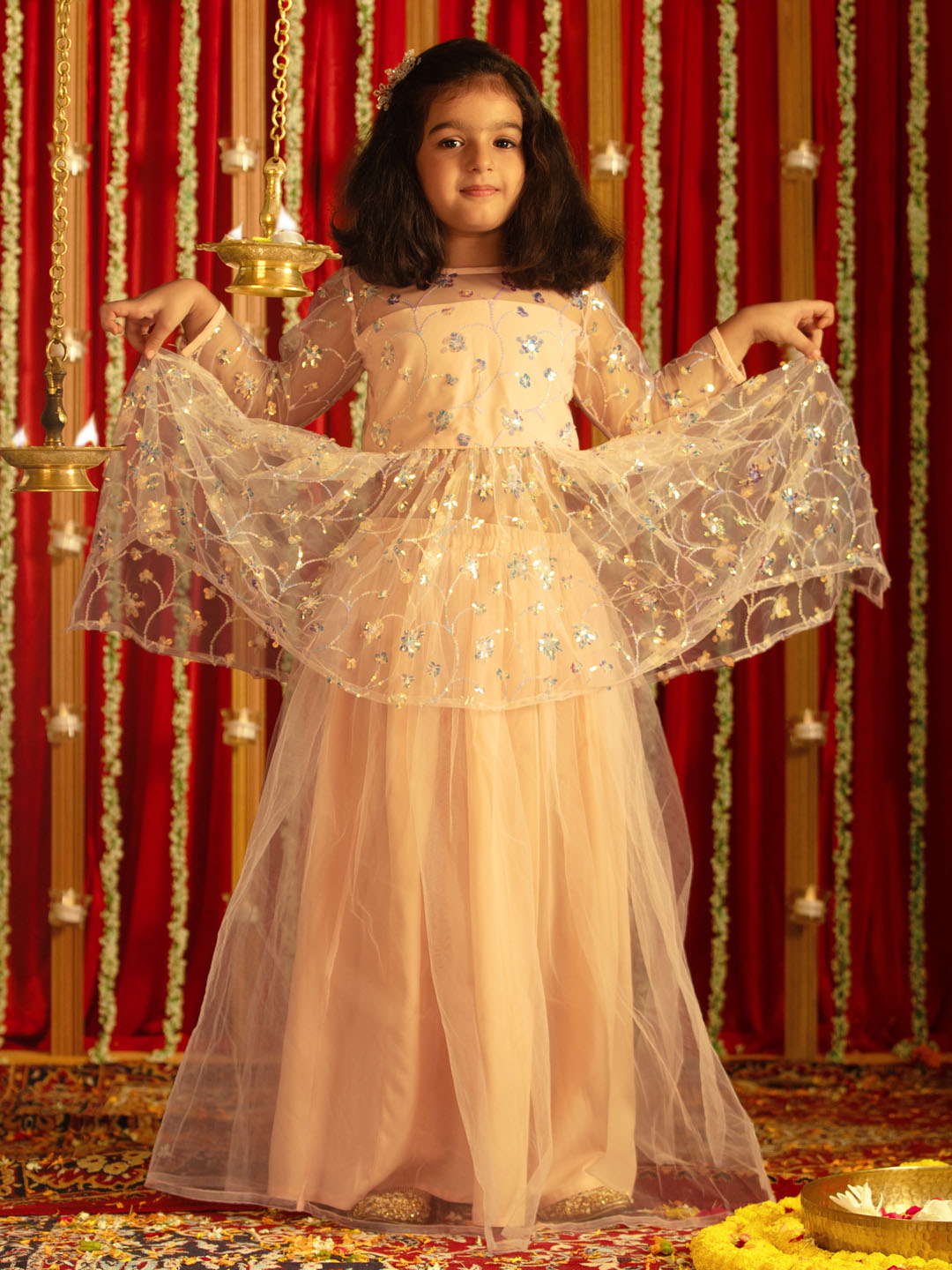 VASTRAMAY Girls' Peach Embroidered Anarkali Kurta With Long Skirt Set - qivii