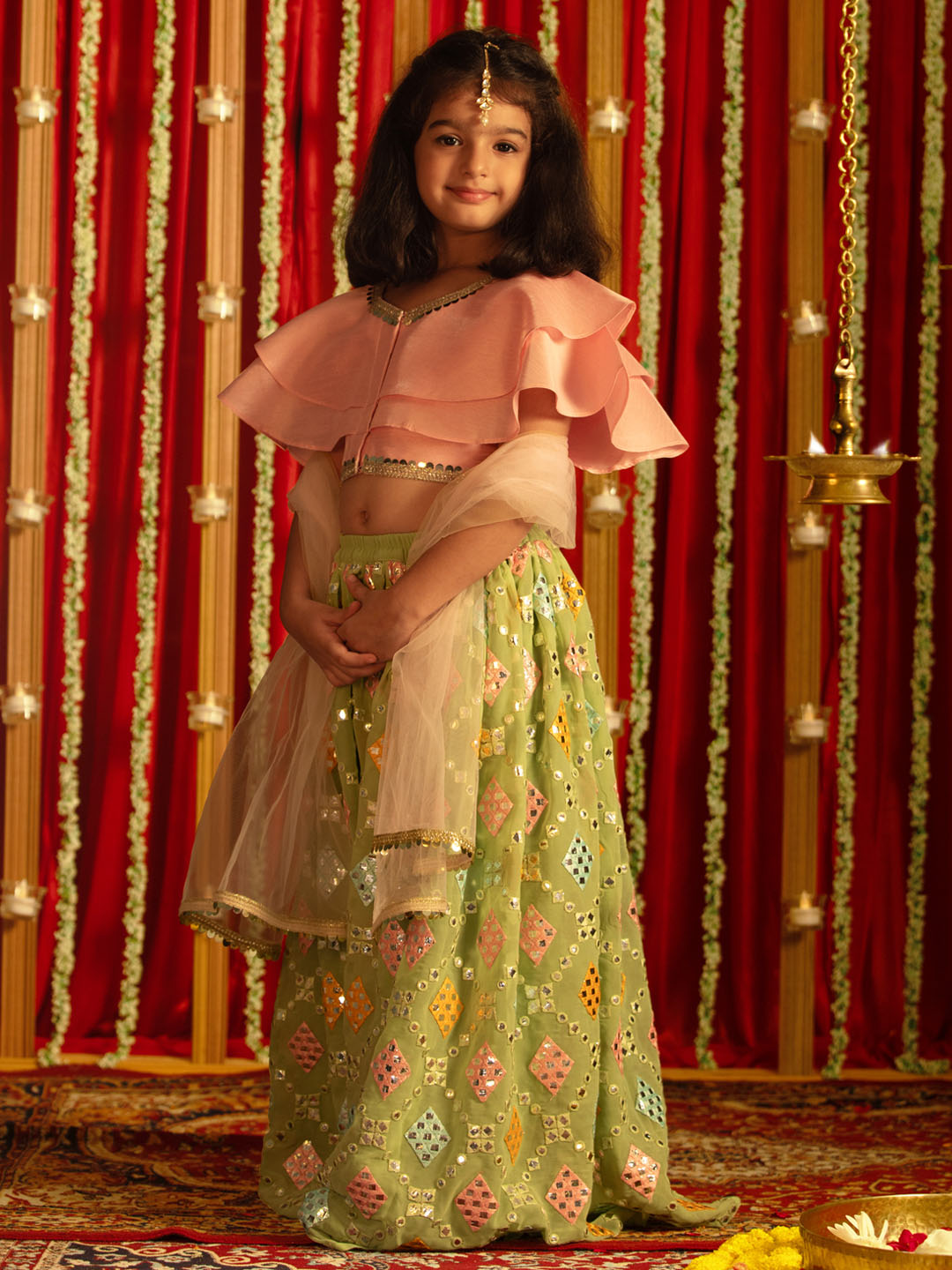 VASTRAMAY Girls' Pink And Mint Green Georgette Lehenga Set - qivii