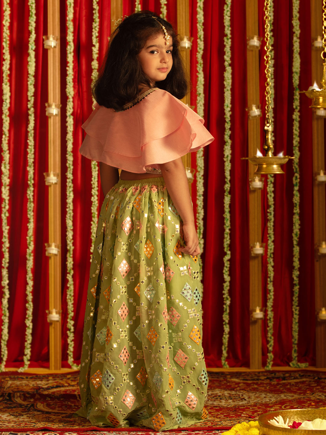 VASTRAMAY Girls' Pink And Mint Green Georgette Lehenga Set - qivii