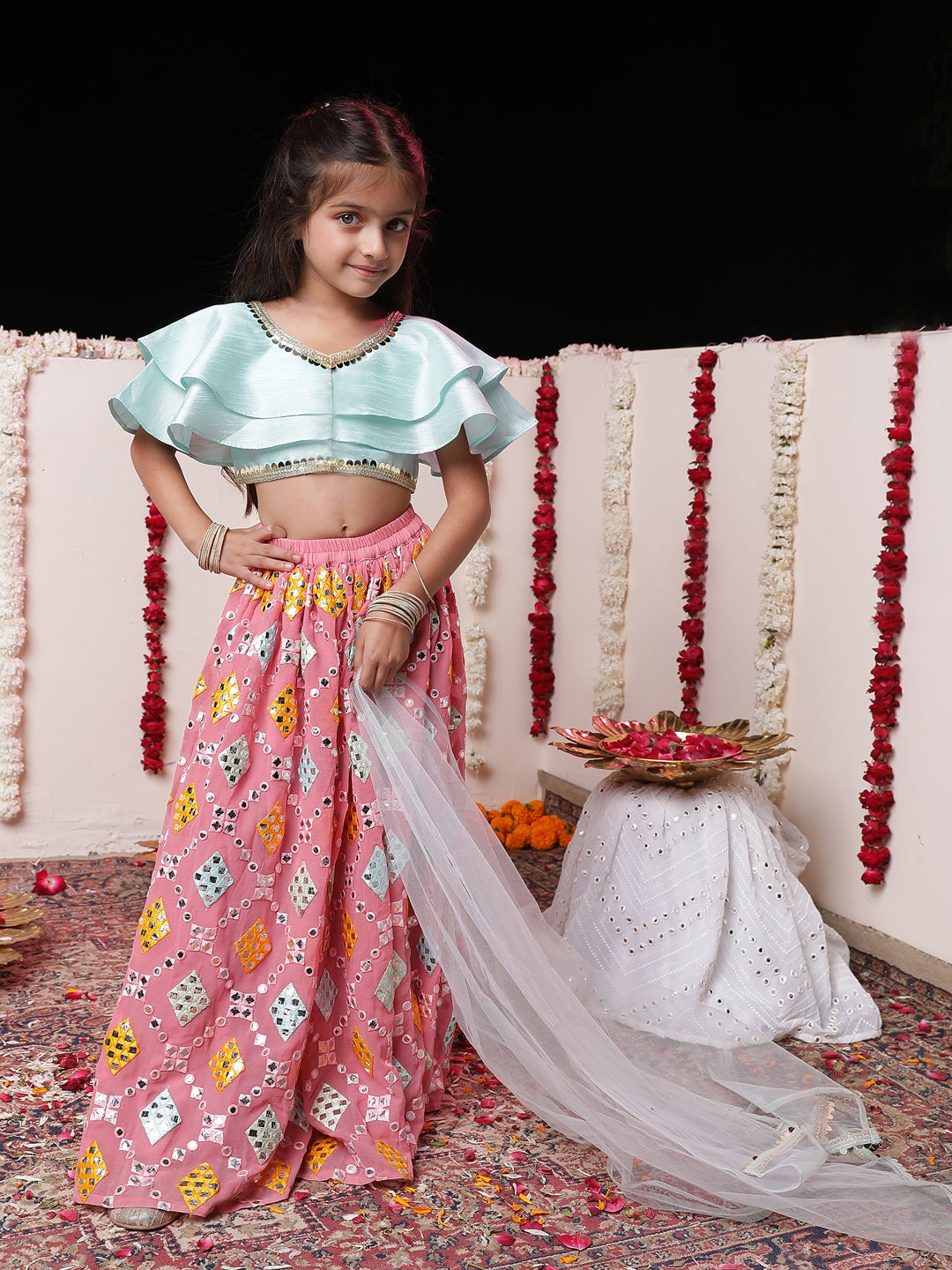 VASTRAMAY Girls' Aqua And Pink Georgette Lehenga Set - qivii