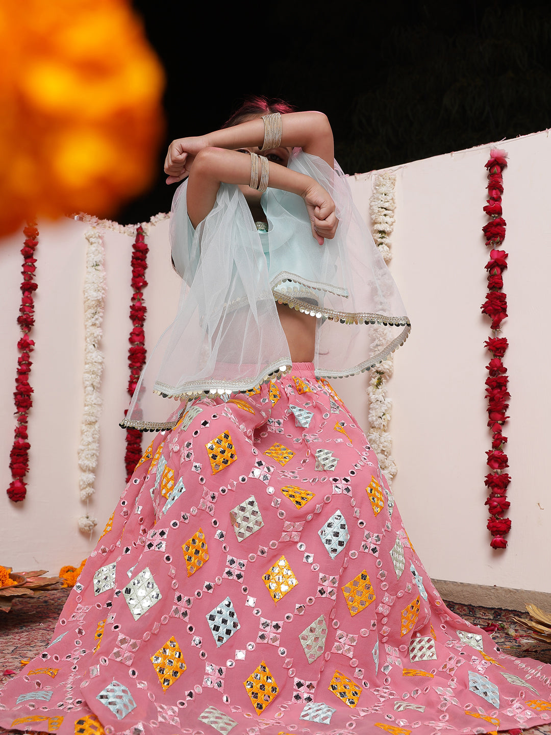 VASTRAMAY Girls' Aqua And Pink Georgette Lehenga Set - qivii