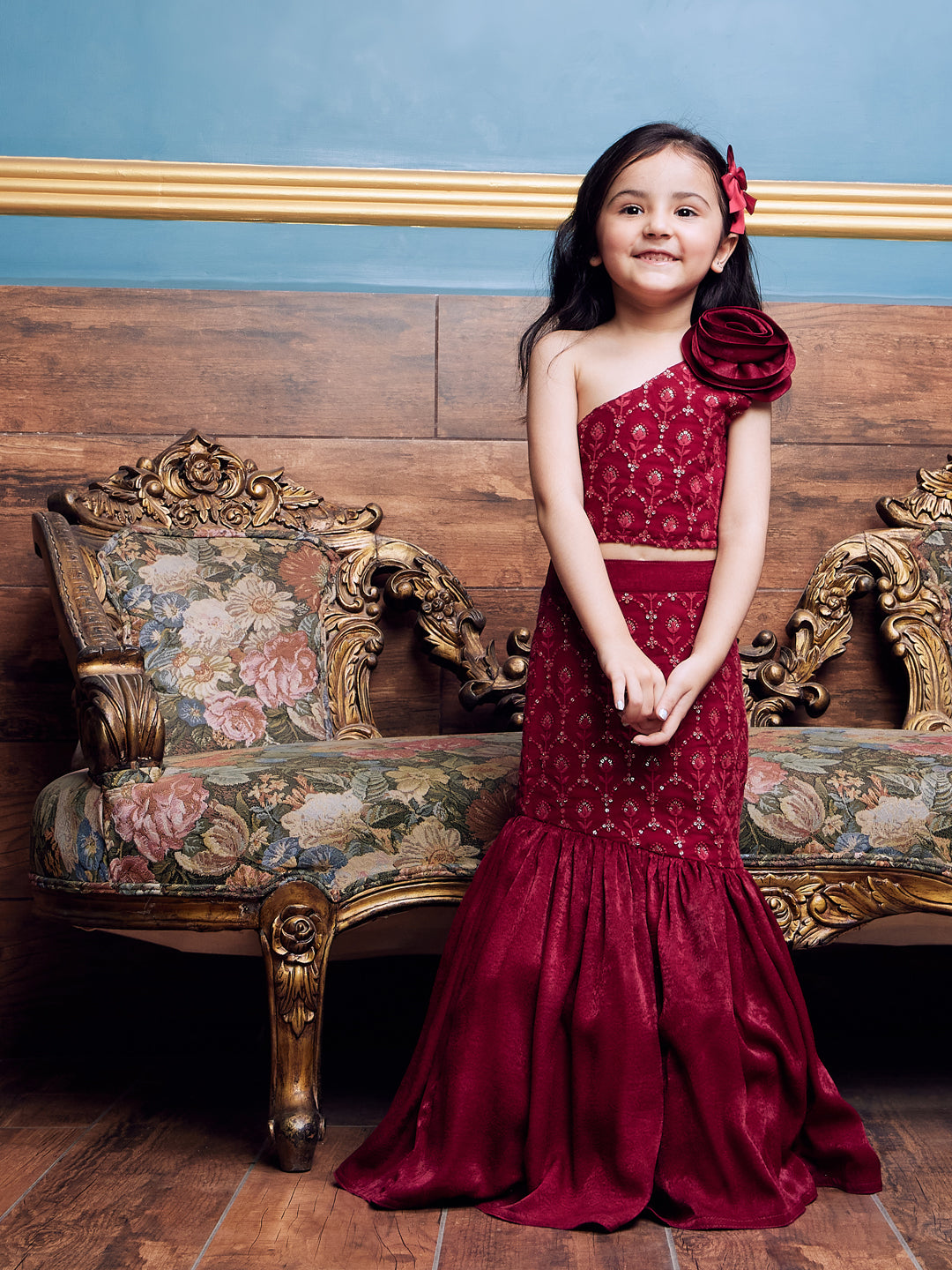 VASTRAMAY Girls' Wine Fish Cut Sequined Skirt And Top Set - qivii