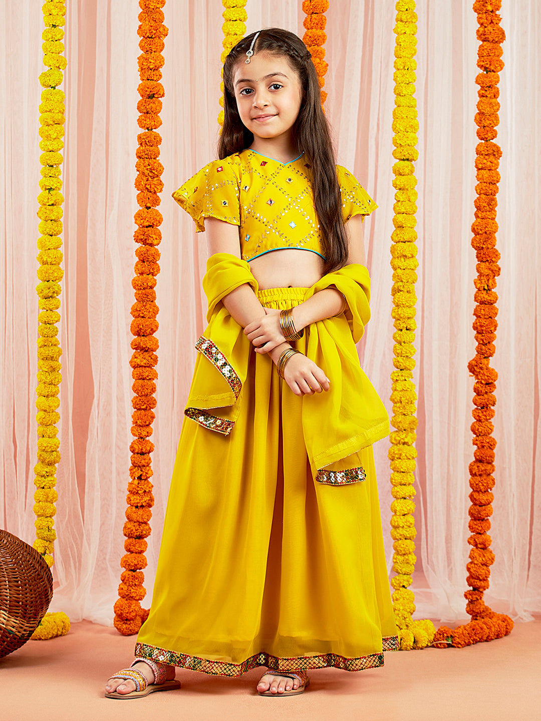 VASTRAMAY Girls' Yellow Mirror Georgette Lehenga Set - qivii