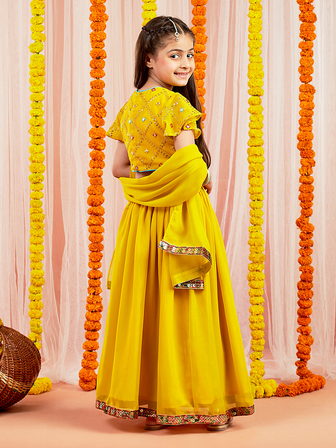 VASTRAMAY Girls' Yellow Mirror Georgette Lehenga Set - qivii