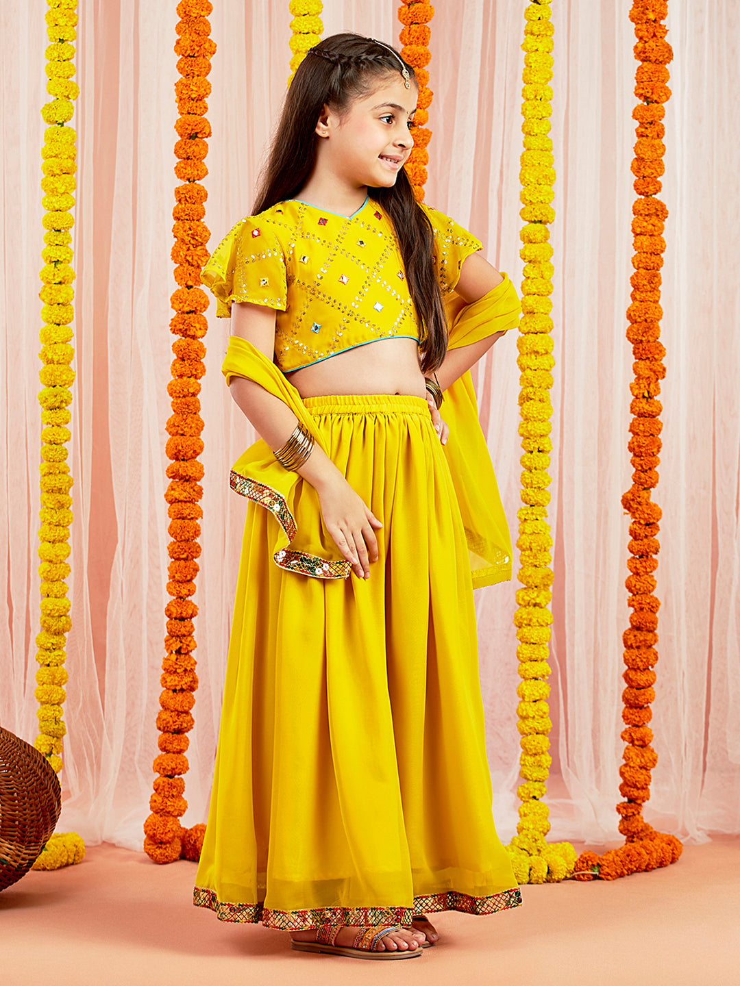VASTRAMAY Girls' Yellow Mirror Georgette Lehenga Set - qivii