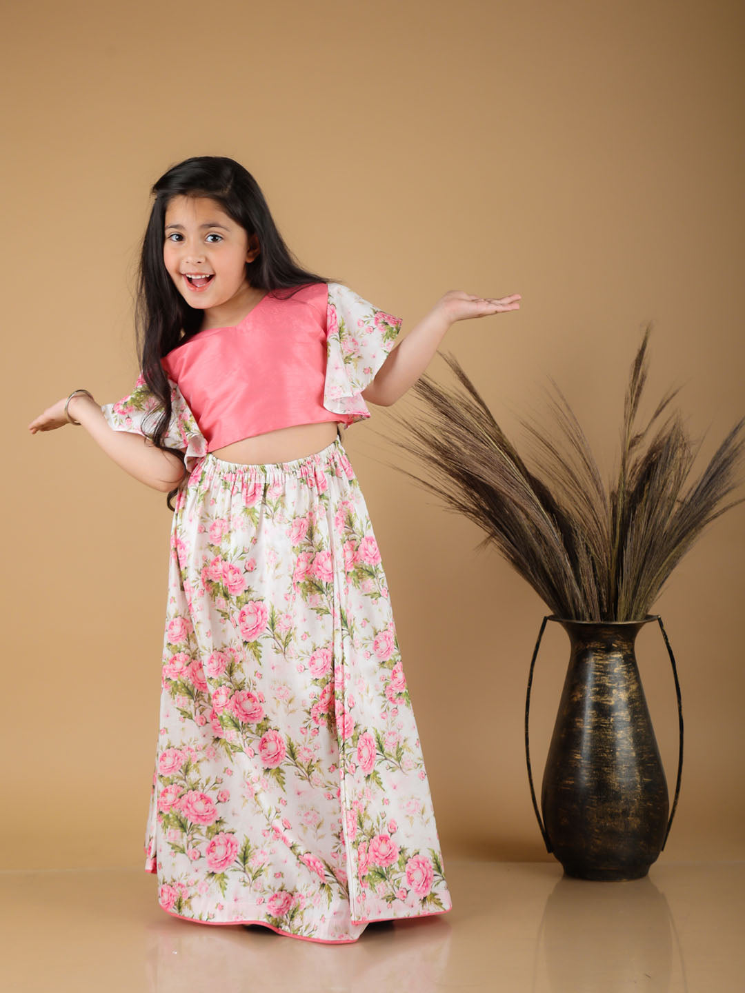 VASTRAMAY Girl's Printed Skirt And Ruffle Crop Top Set - qivii