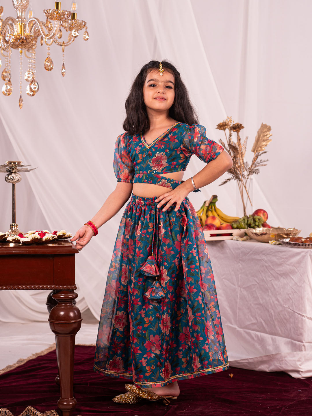 VASTRAMAY Girls' Green Printed Organza Lehenga Set - qivii