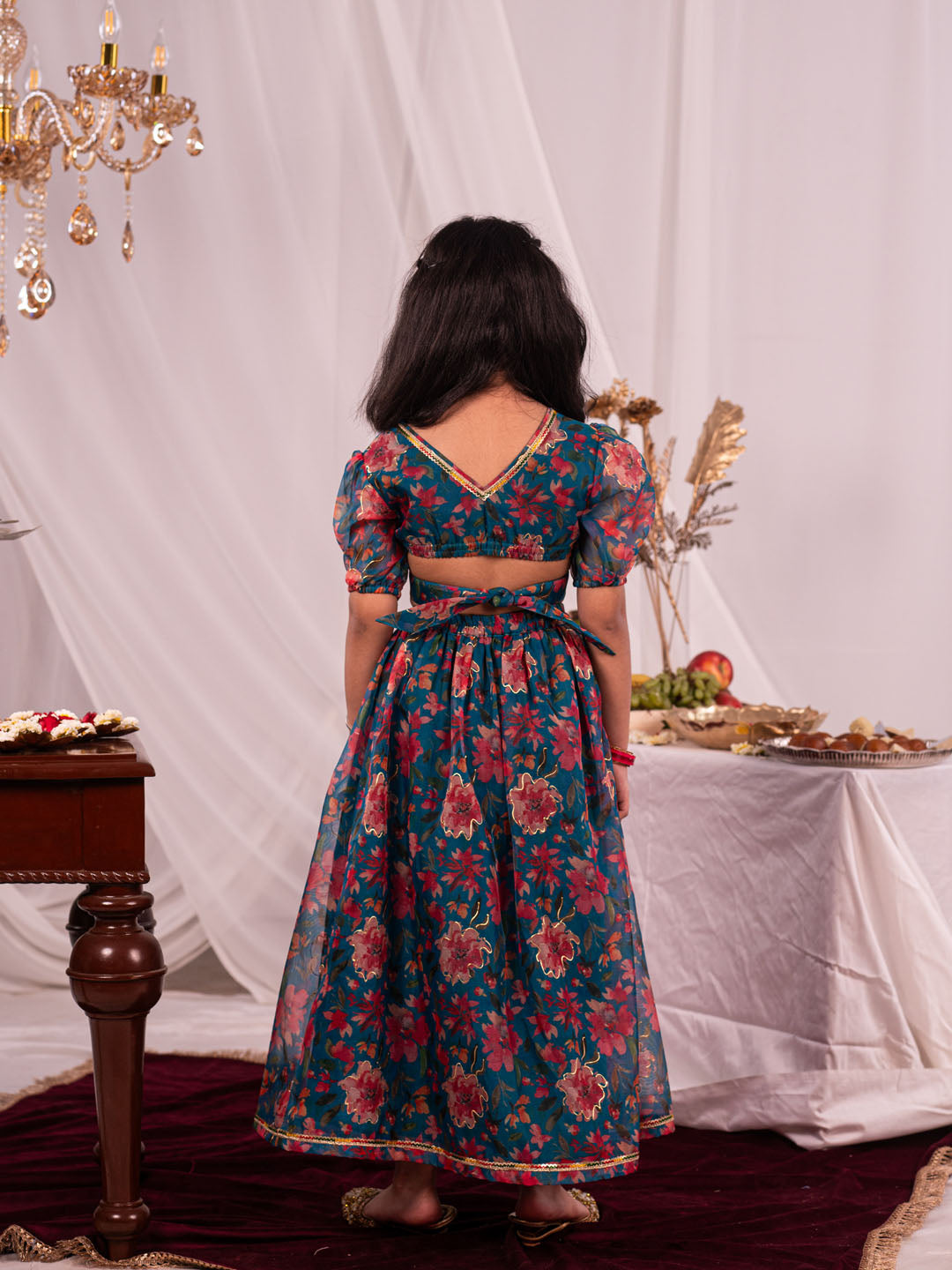 VASTRAMAY Girls' Green Printed Organza Lehenga Set - qivii