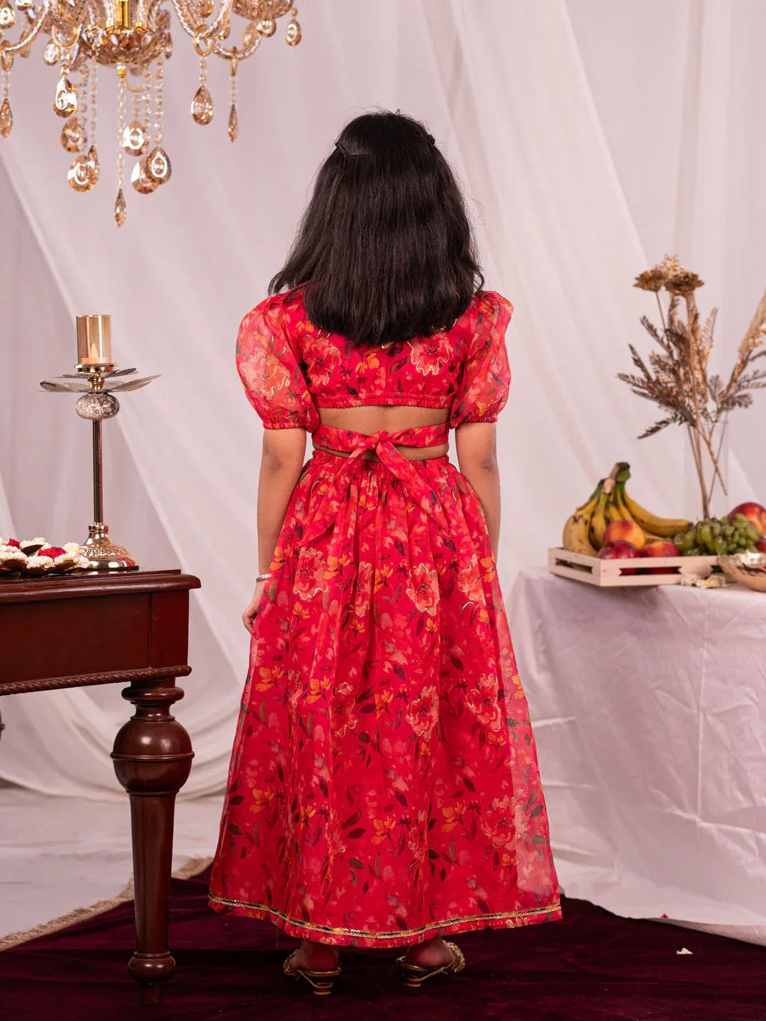 Girl's' Pink Printed Organza Lehenga Set