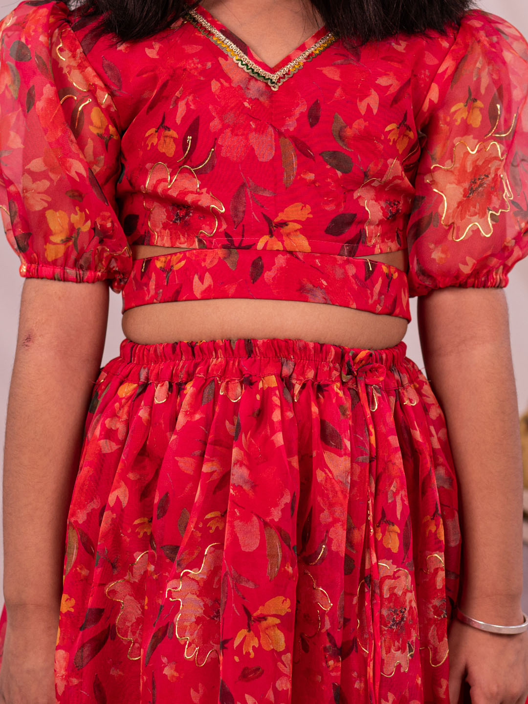 VASTRAMAY Girls' Pink Printed Organza Lehenga Set - qivii