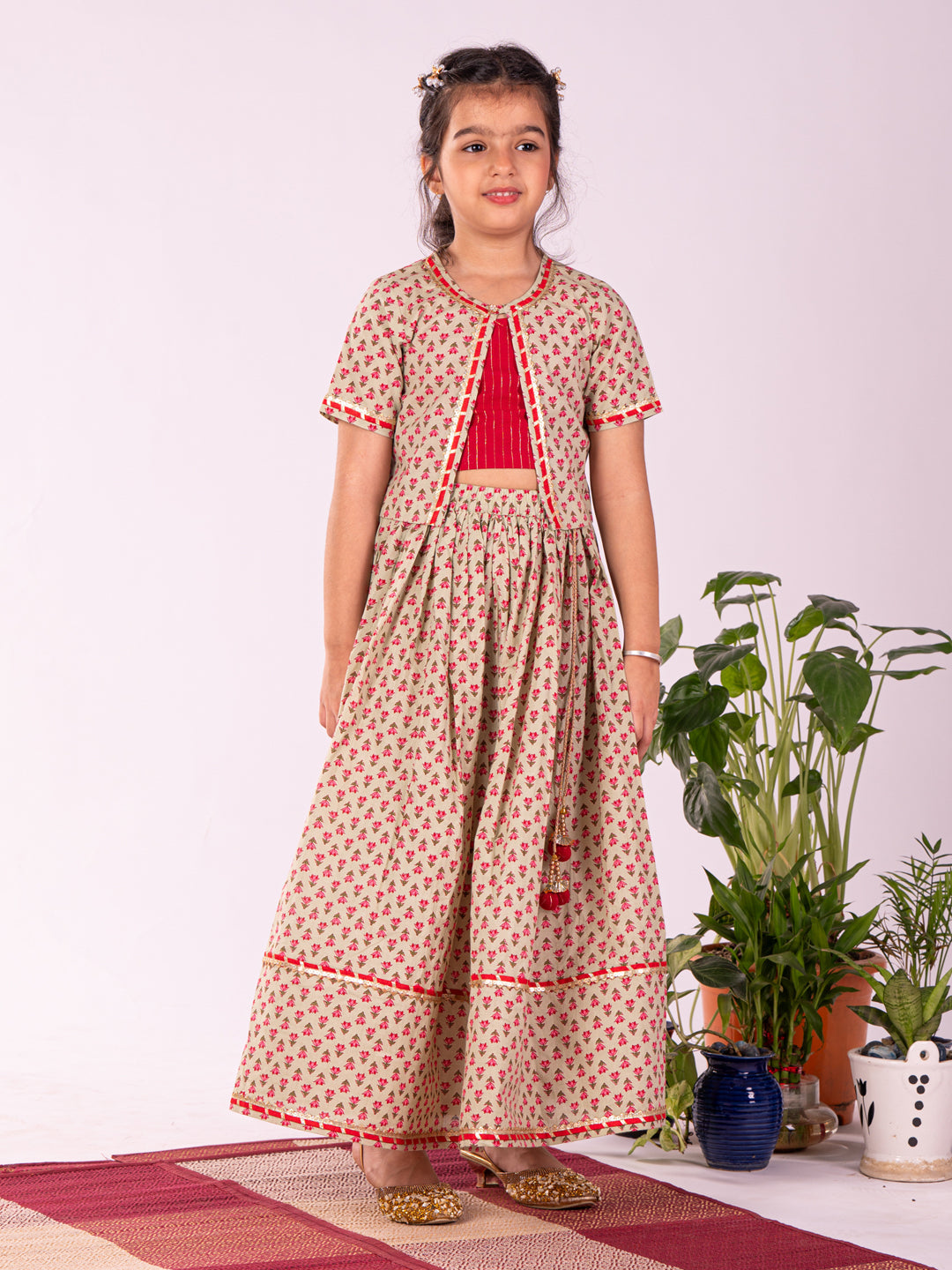 VASTRAMAY Girls' Mint Green And Red Lehenga Set - qivii