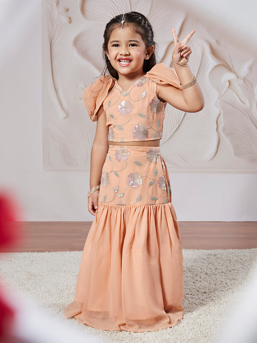 VASTRAMAY Girls' Peach Lehenga Set - qivii