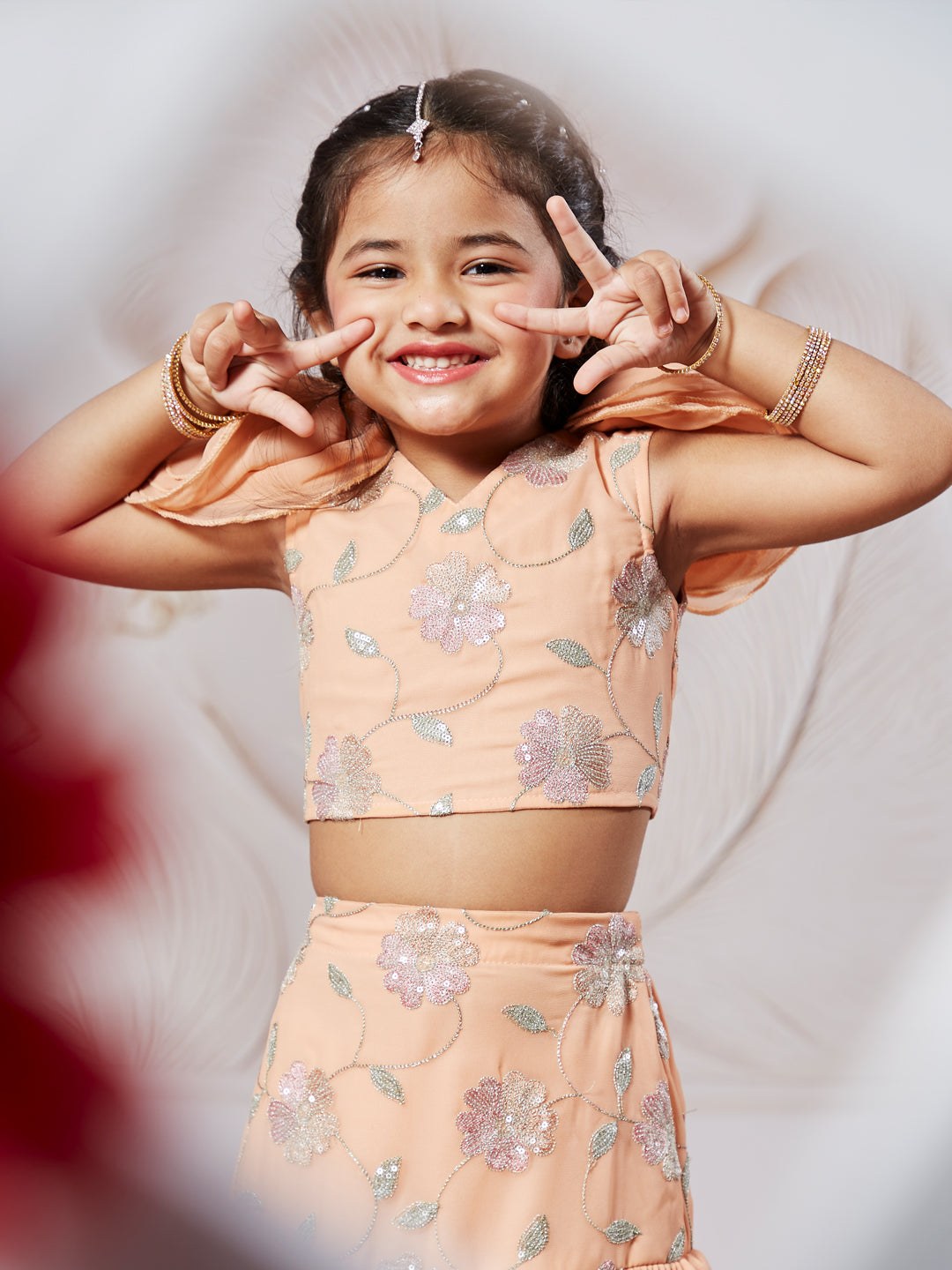 VASTRAMAY Girls' Peach Lehenga Set - qivii