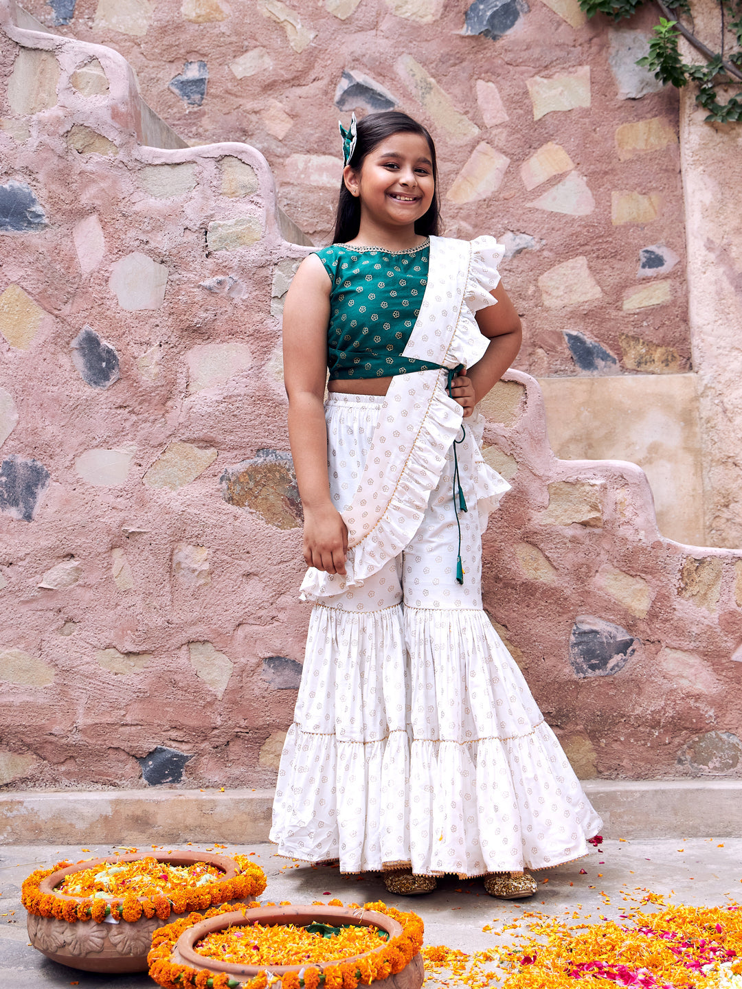 VASTRAMAY Girl's Green And Cream Palazzo Saree Set - qivii