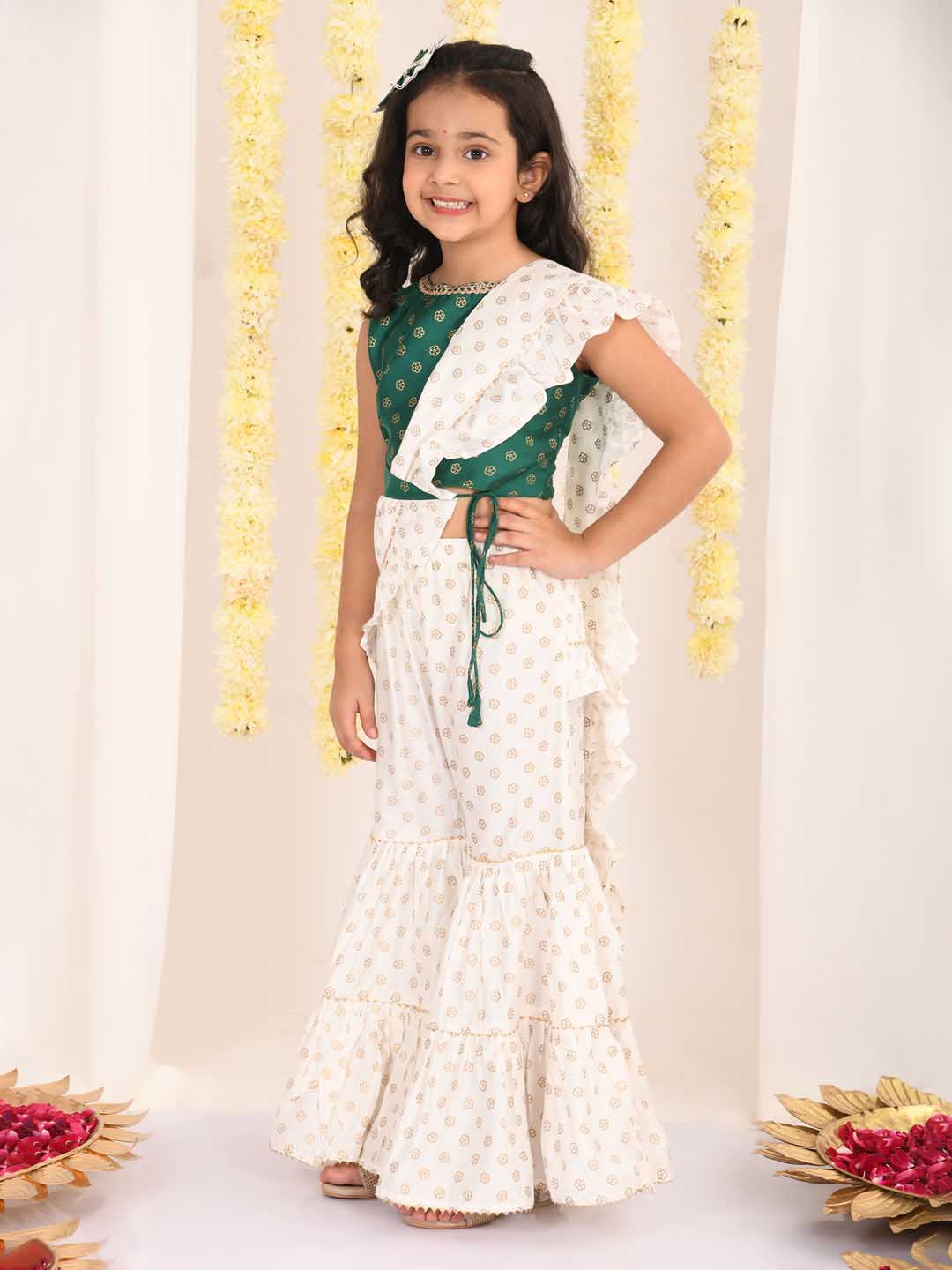 VASTRAMAY Girl's Green And Cream Palazzo Saree Set - qivii
