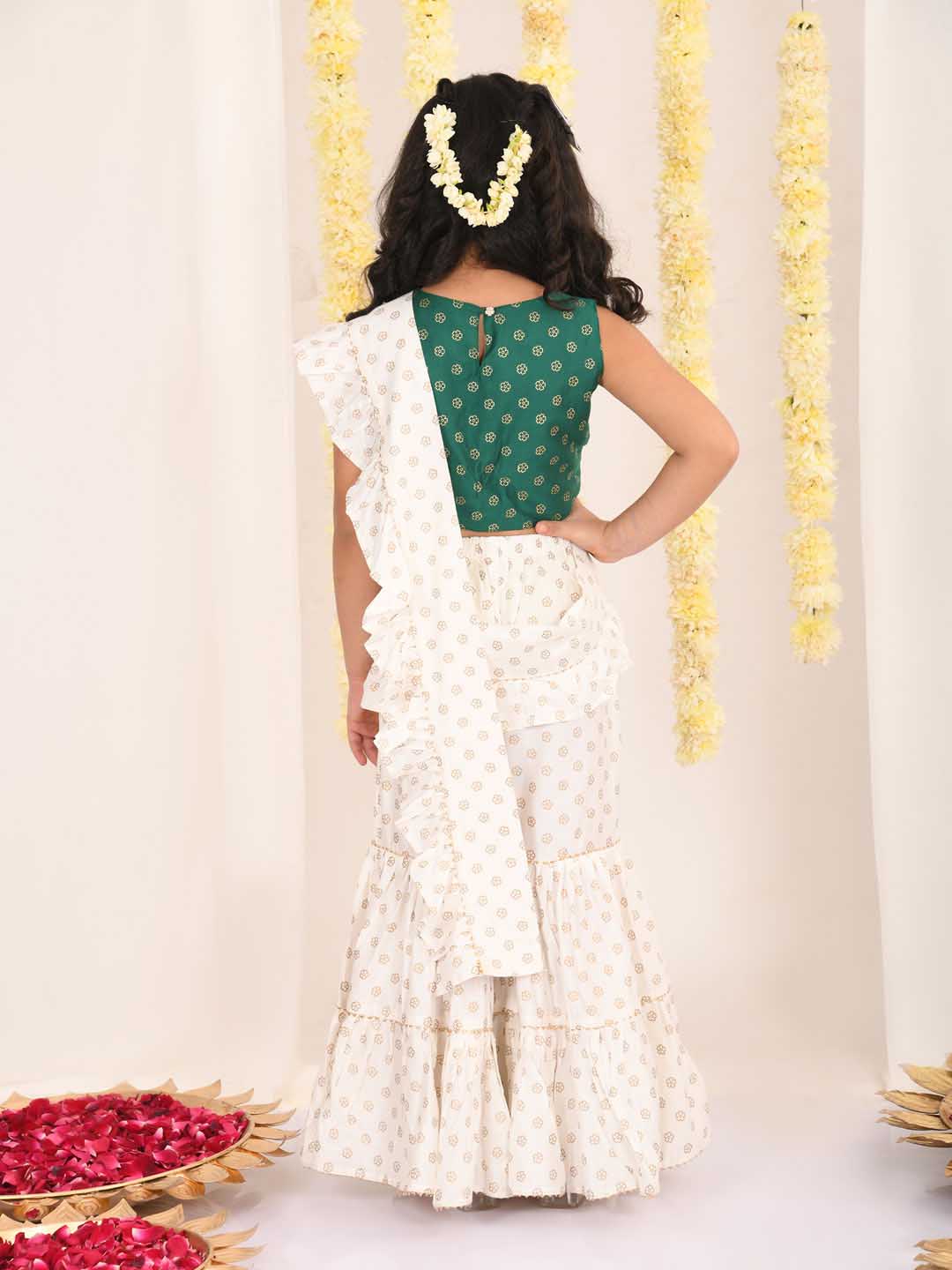 VASTRAMAY Girl's Green And Cream Palazzo Saree Set - qivii