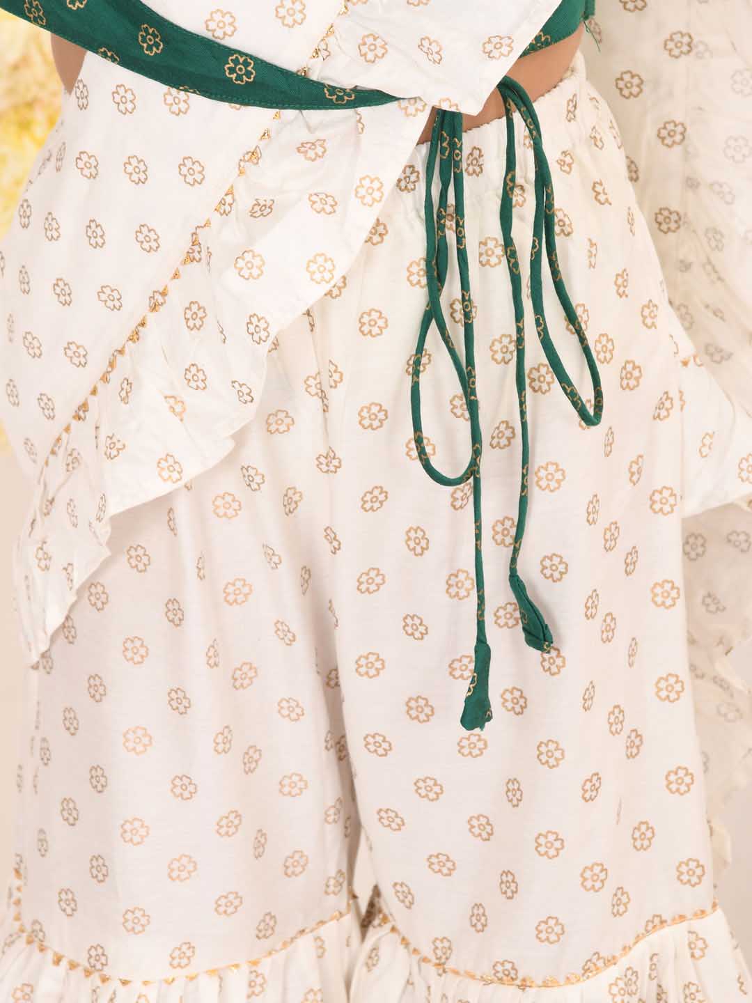 VASTRAMAY Girl's Green And Cream Palazzo Saree Set - qivii