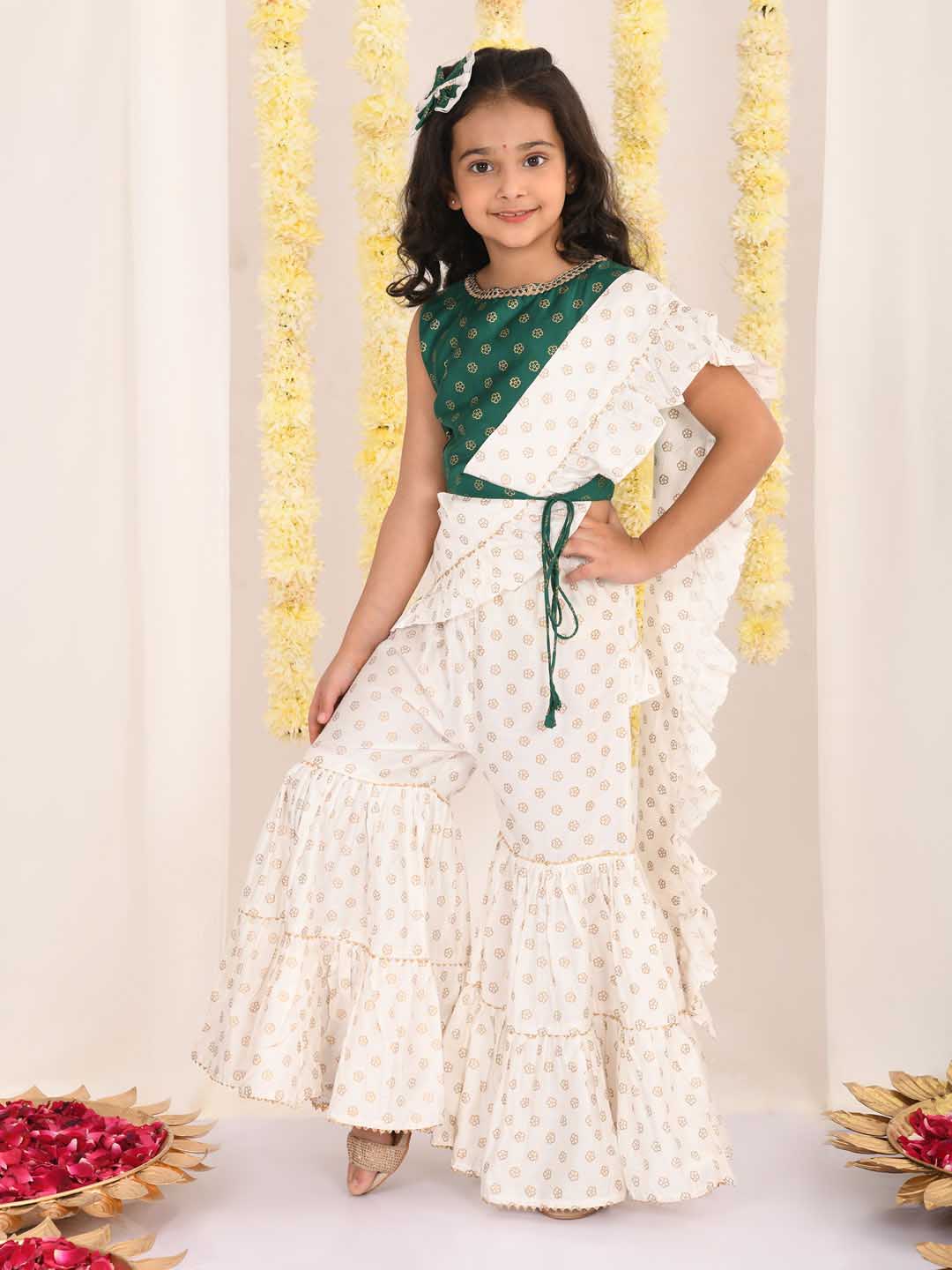 VASTRAMAY Girl's Green And Cream Palazzo Saree Set - qivii