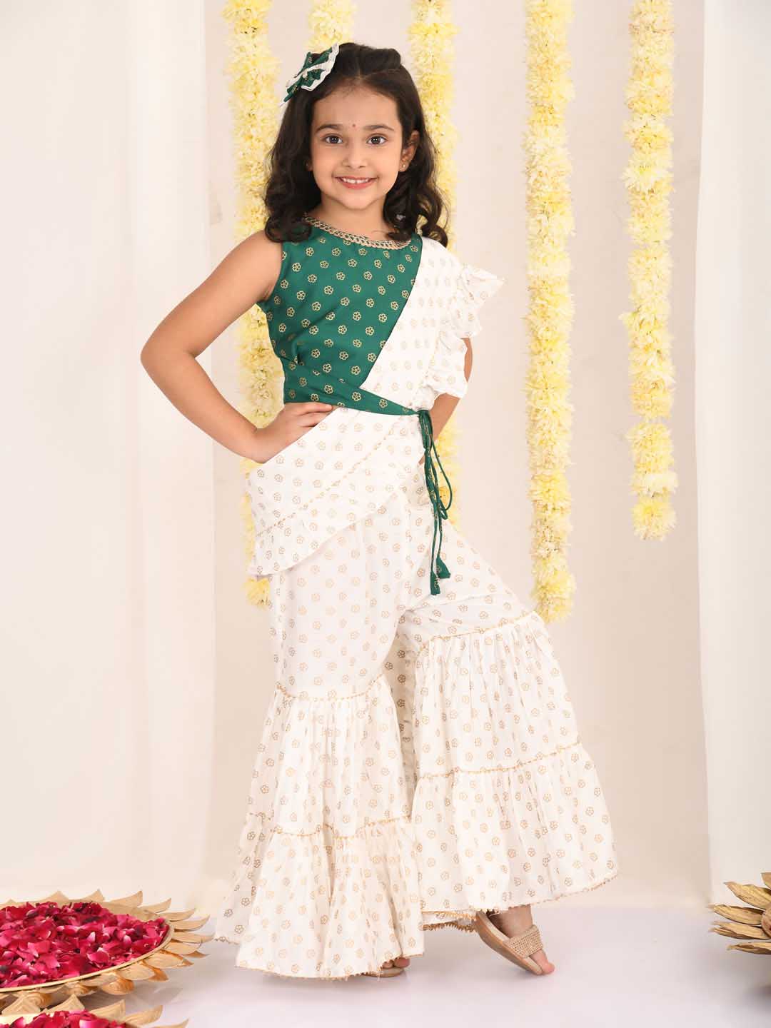 VASTRAMAY Girl's Green And Cream Palazzo Saree Set - qivii