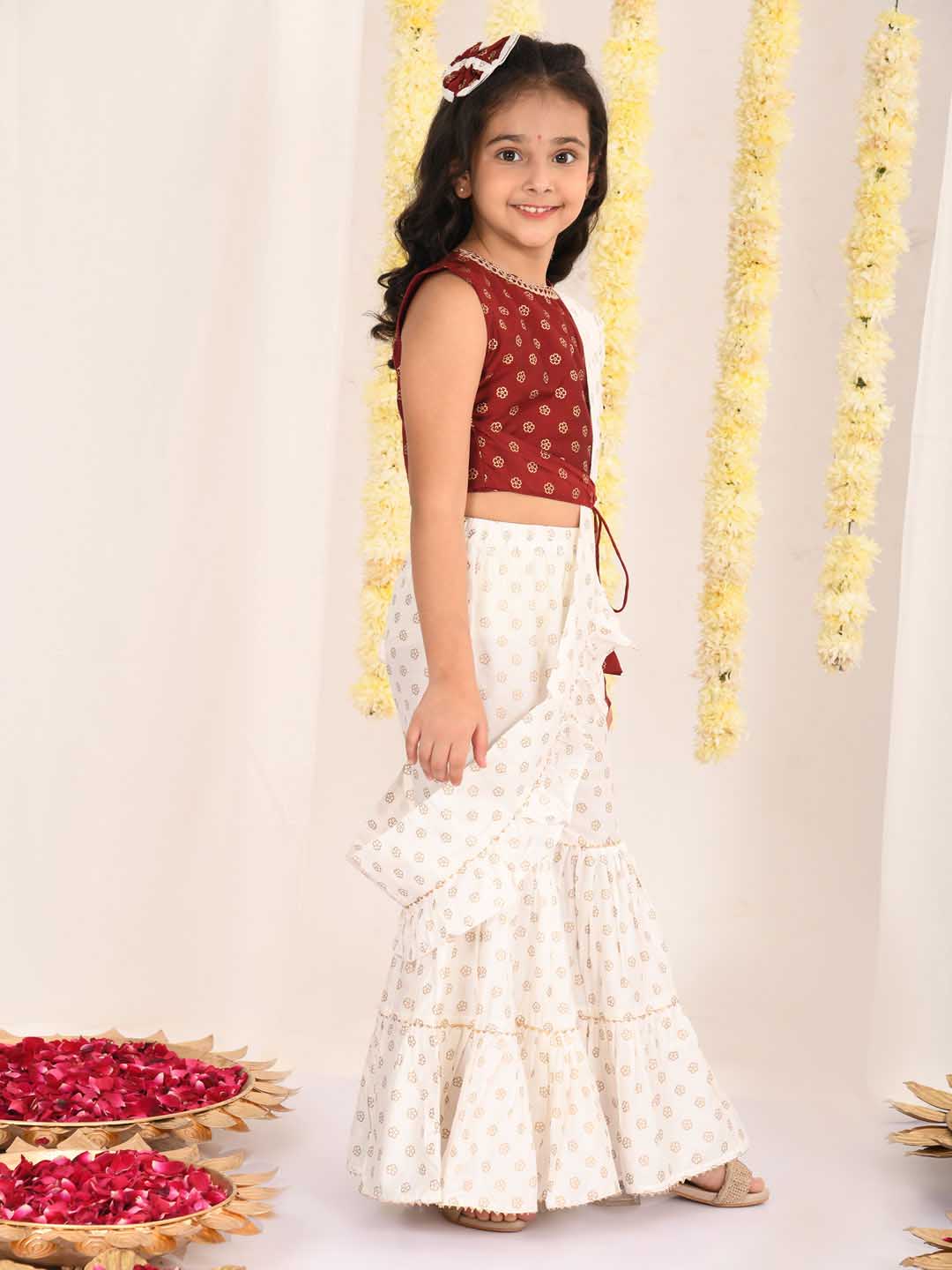 VASTRAMAY Girl's Maroon And Cream Palazzo saree Set - qivii