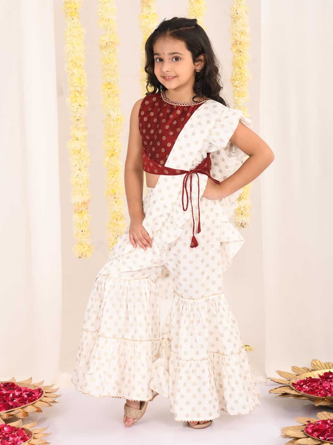 VASTRAMAY Girl's Maroon And Cream Palazzo saree Set - qivii