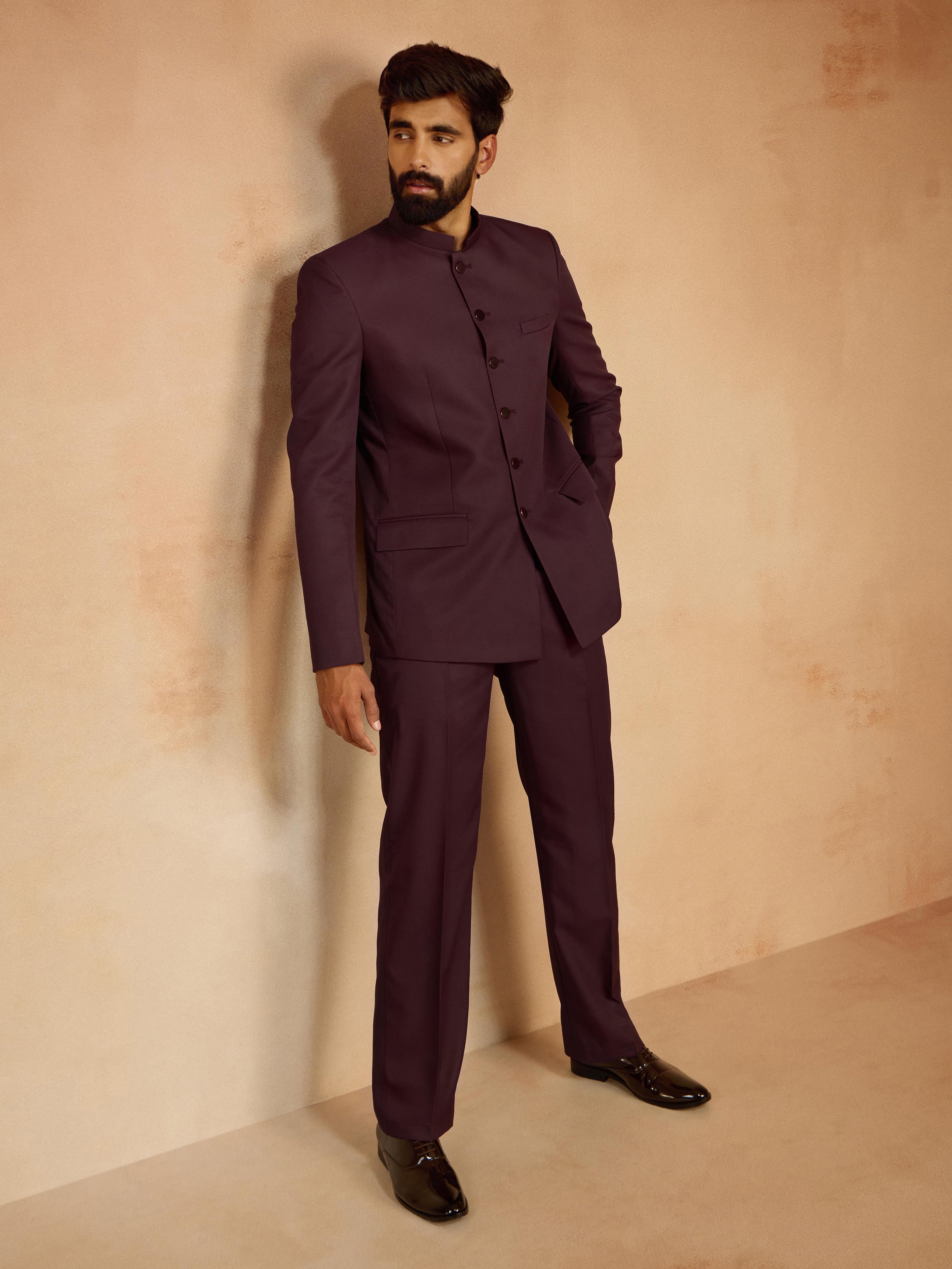Men's Wine Solid Jute Jodhpuri Suit with Straight Pant