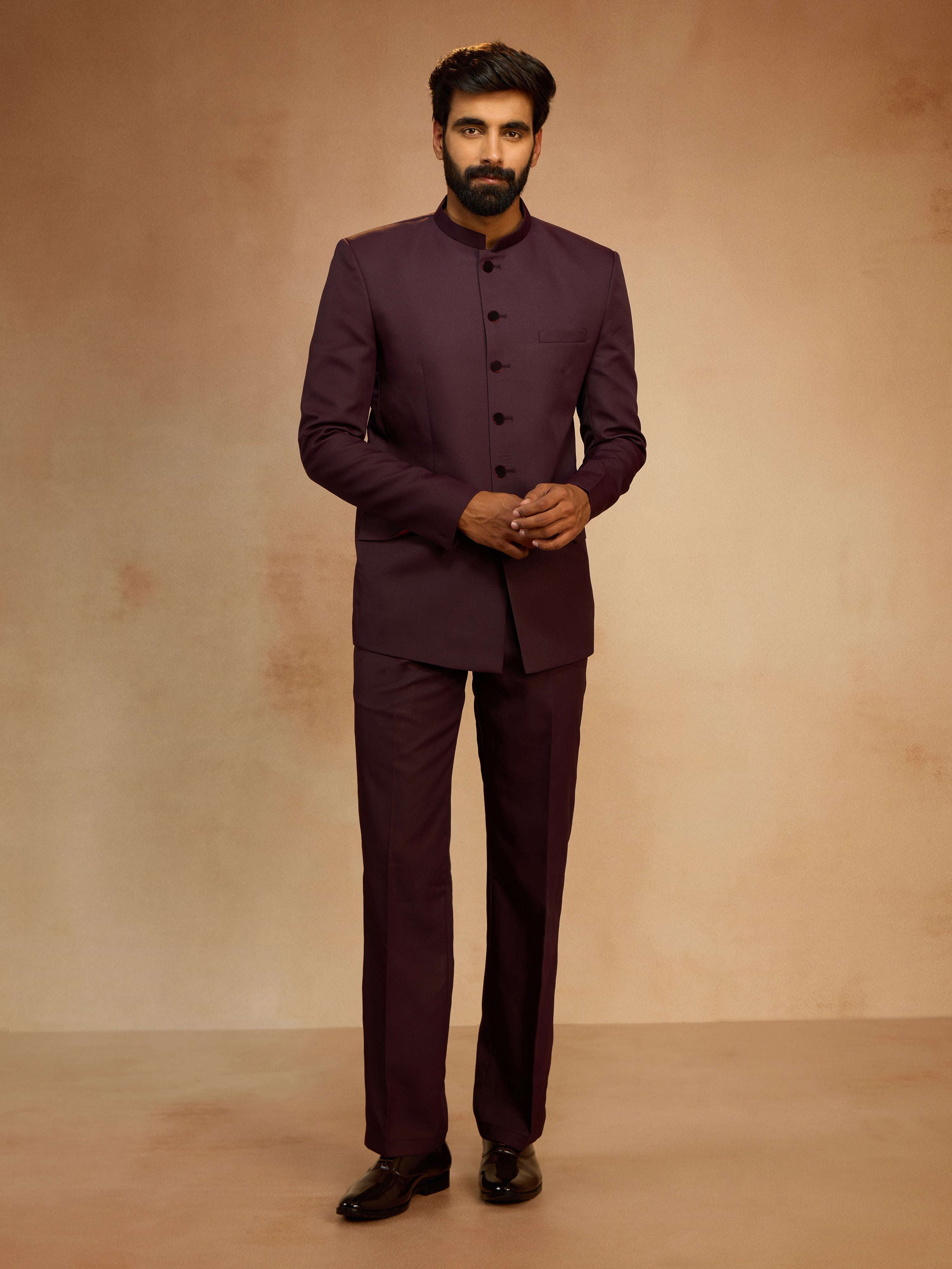 Men's Wine Solid Jute Jodhpuri Suit with Straight Pant