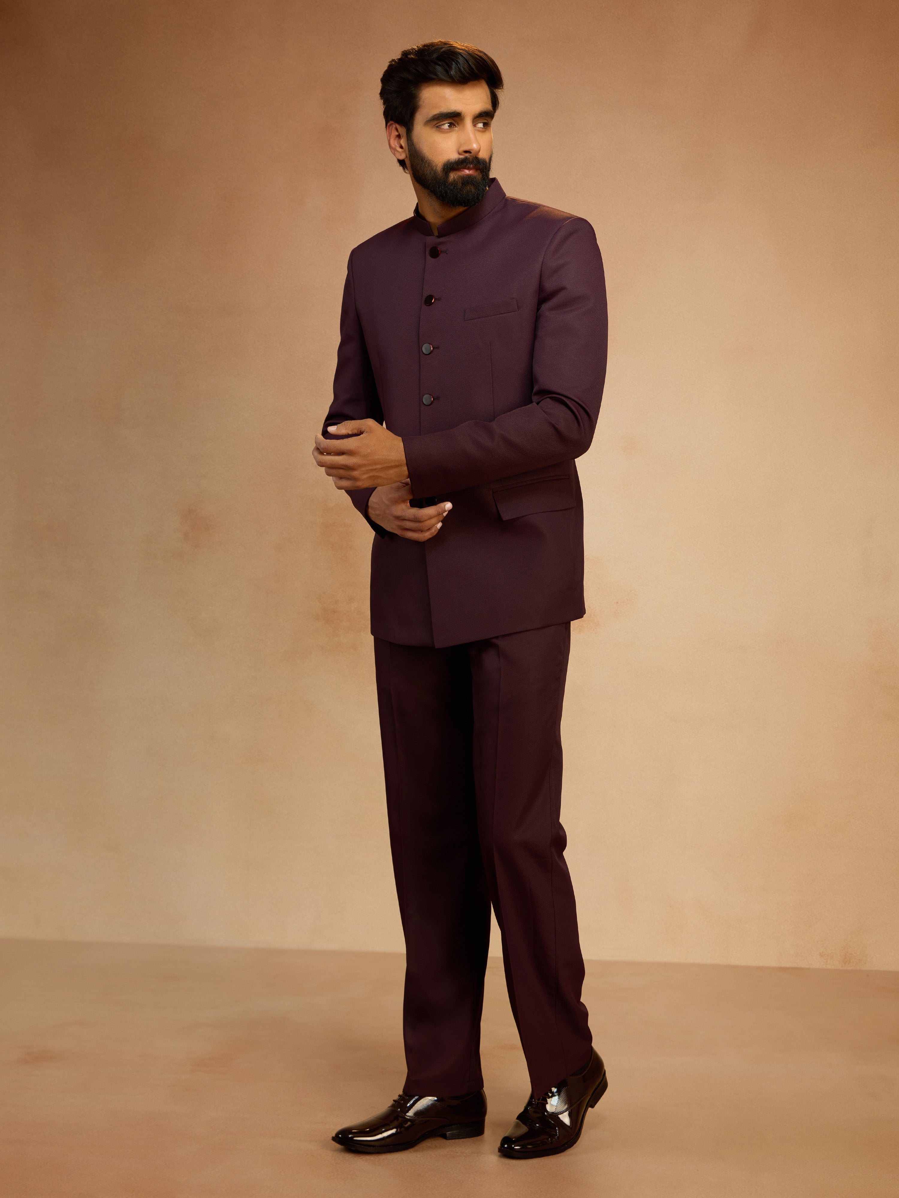 Men's Wine Solid Jute Jodhpuri Suit with Straight Pant