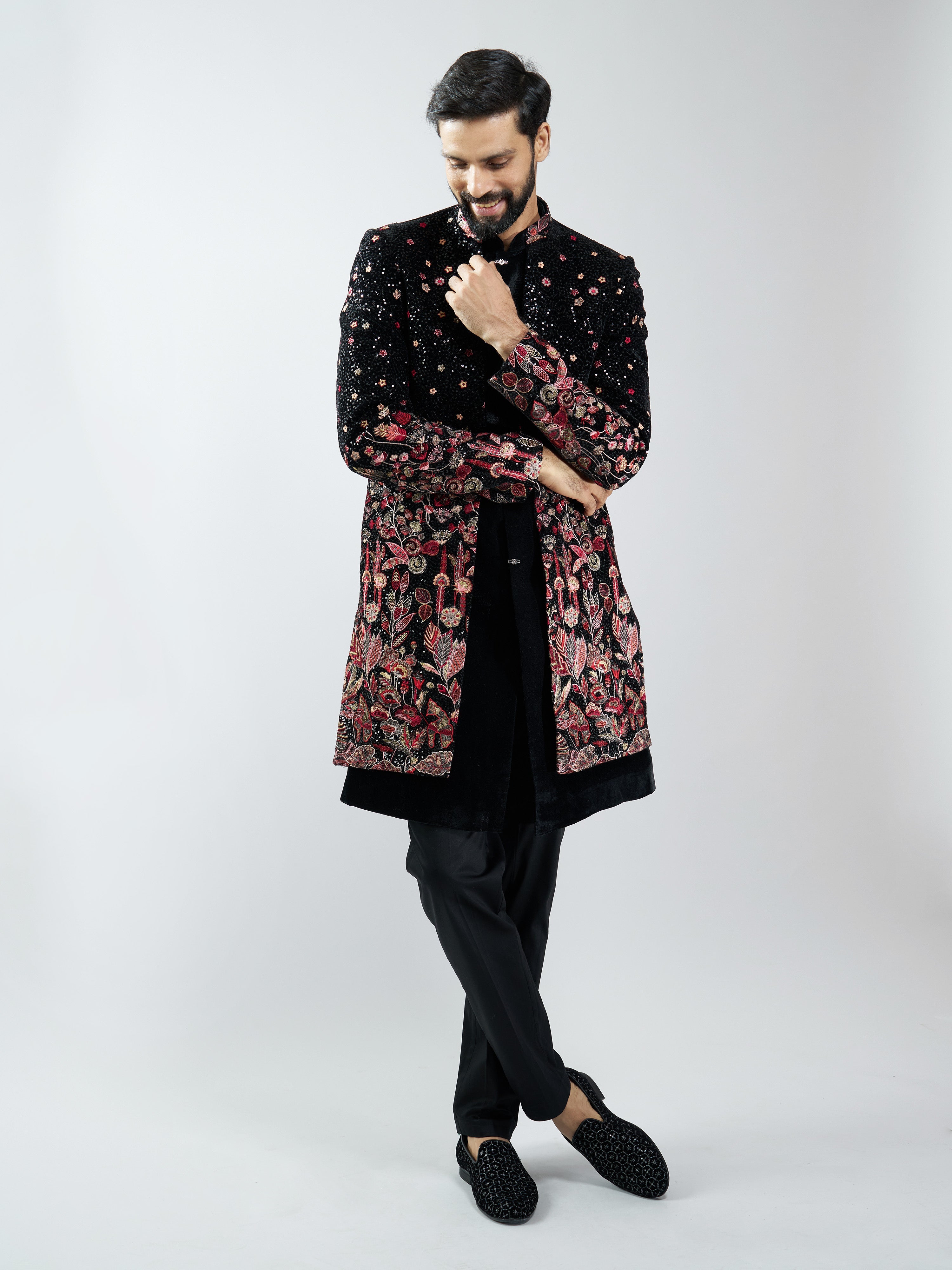 Men Black Velvet Floral Embroidered Indo-Western Bundled with Black Cotton Lycra Pants Set