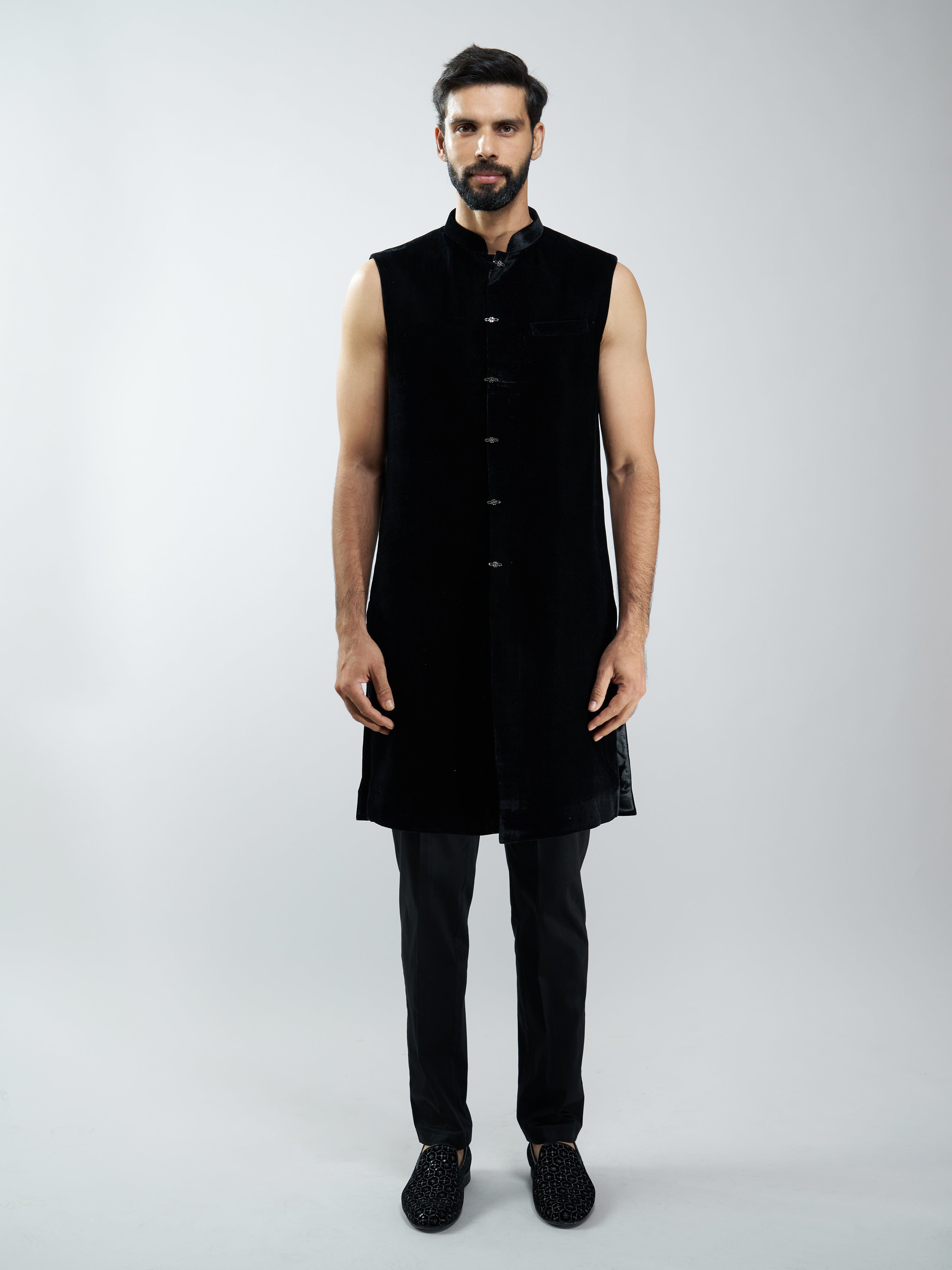 Men Black Velvet Floral Embroidered Indo-Western Bundled with Black Cotton Lycra Pants Set