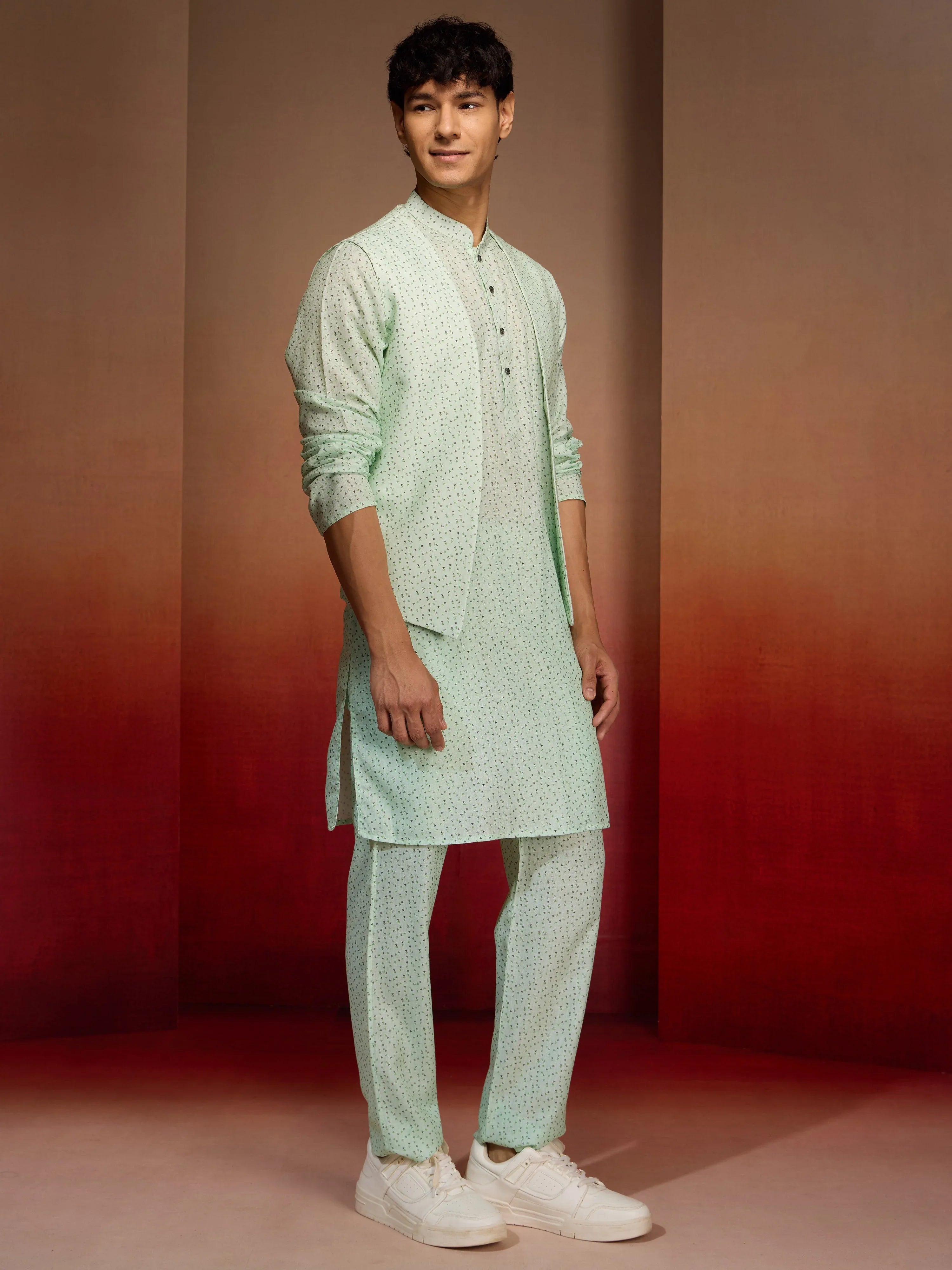 Men's Peach Mint Green Cotton Linen 3-Piece Set